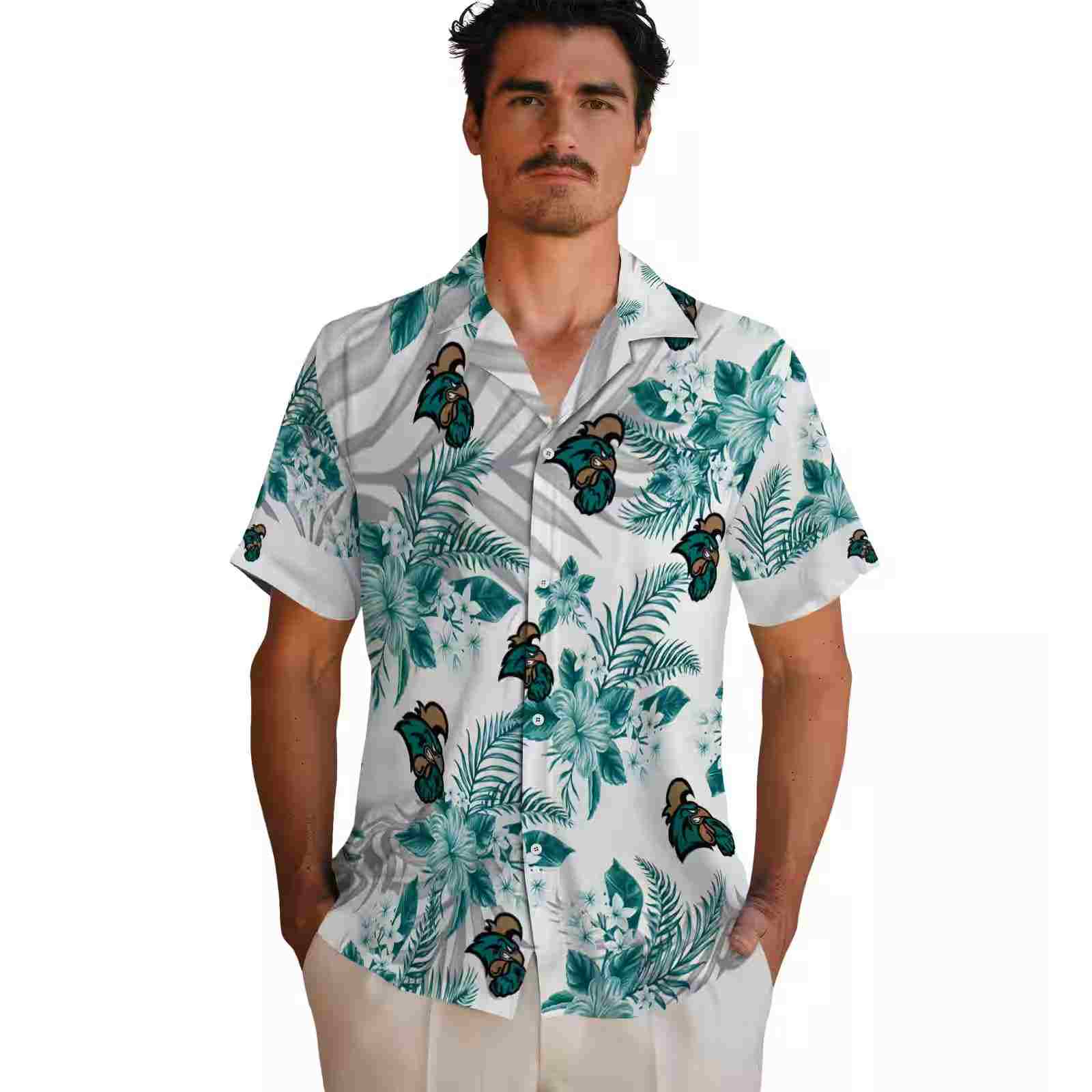 coastal carolina chanticleers hibiscus palm leaves green white hawaiian shirt fashion forward