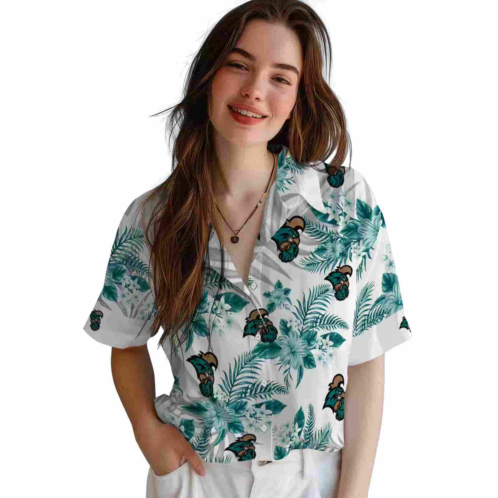 coastal carolina chanticleers hibiscus palm leaves green white hawaiian shirt latest model