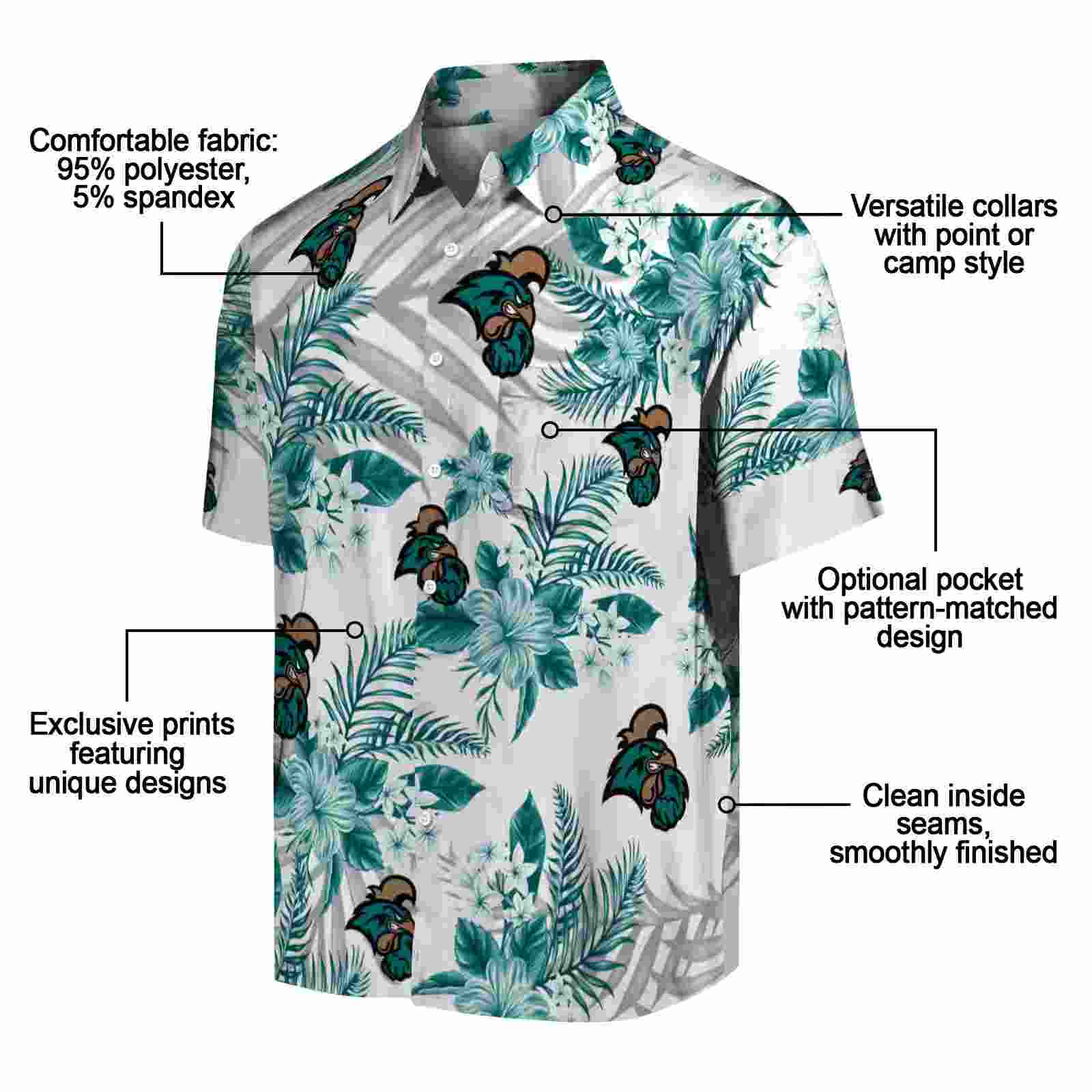 coastal carolina chanticleers hibiscus palm leaves green white hawaiian shirt new arrival