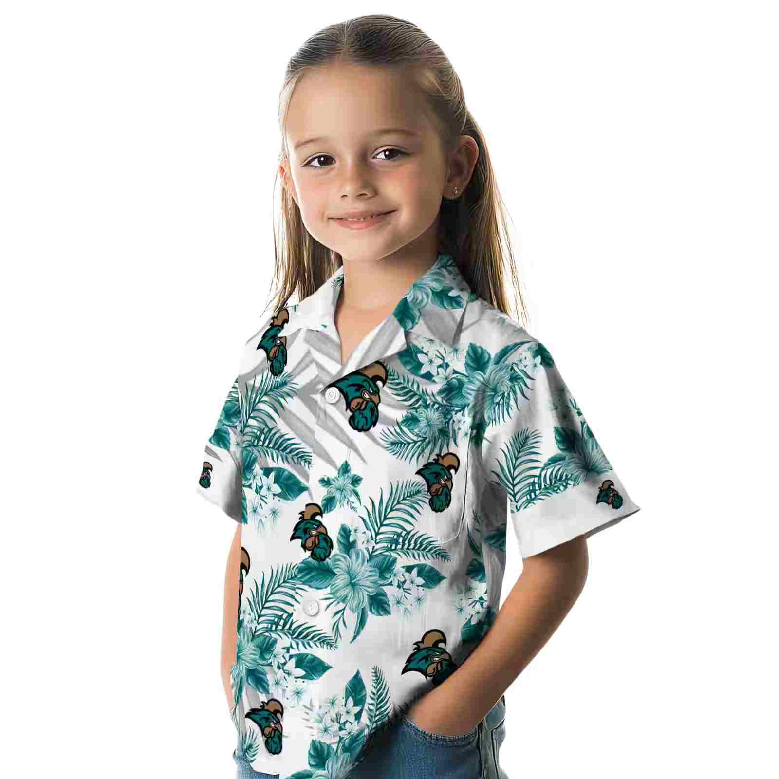 coastal carolina chanticleers hibiscus palm leaves green white hawaiian shirt premium grade