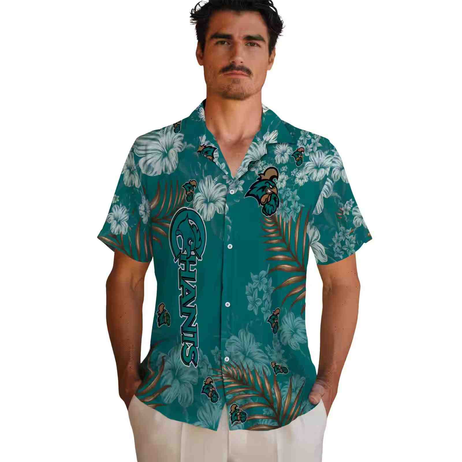 coastal carolina chanticleers hibiscus print green hawaiian shirt fashion forward