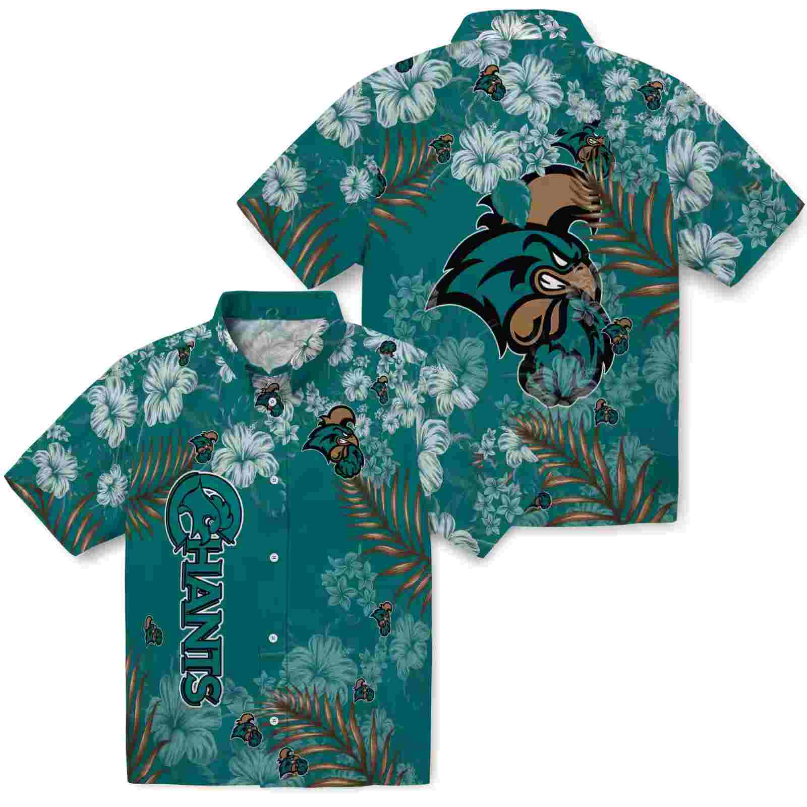 coastal carolina chanticleers hibiscus print green hawaiian shirt high quality