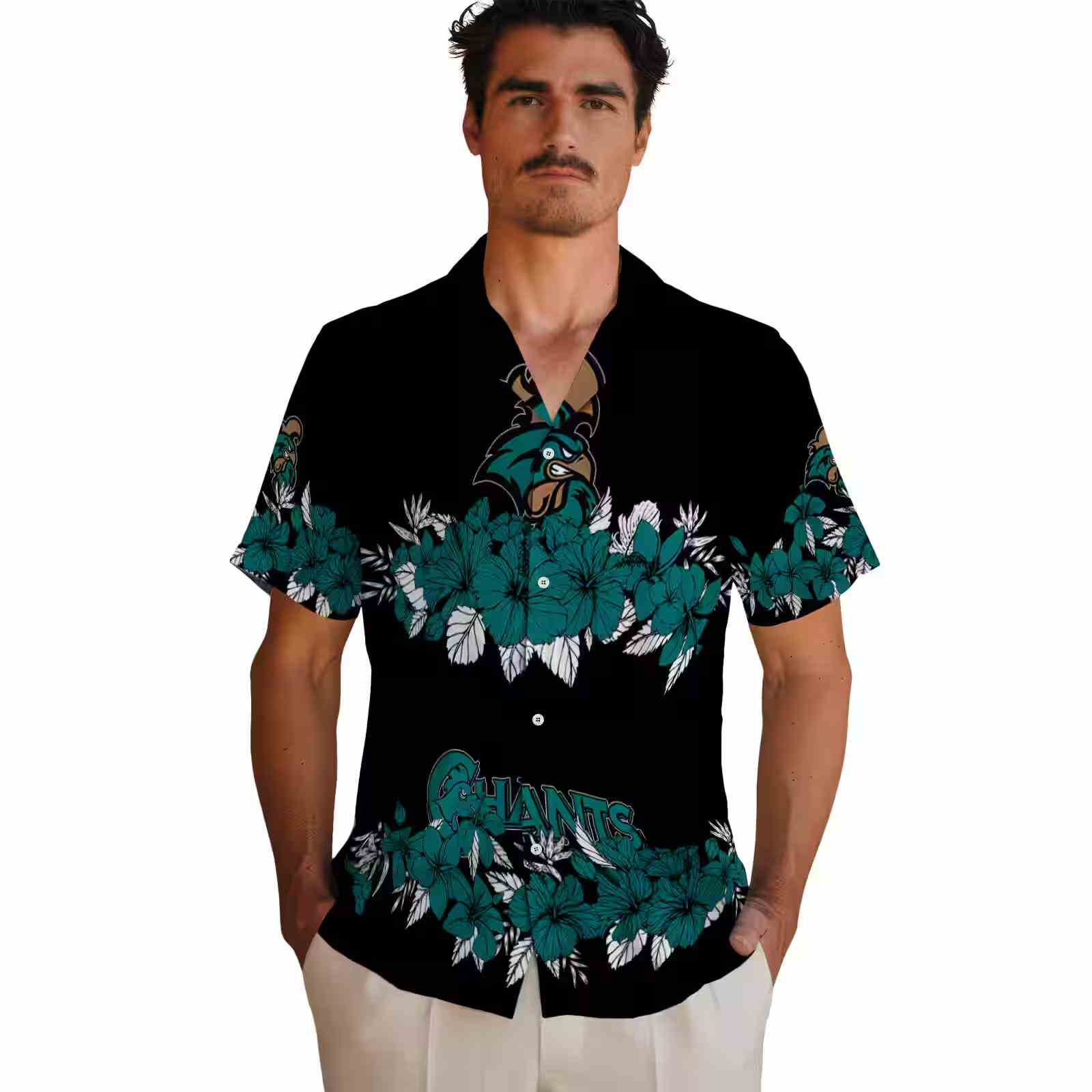 coastal carolina chanticleers hibiscus stripe green black hawaiian shirt fashion forward