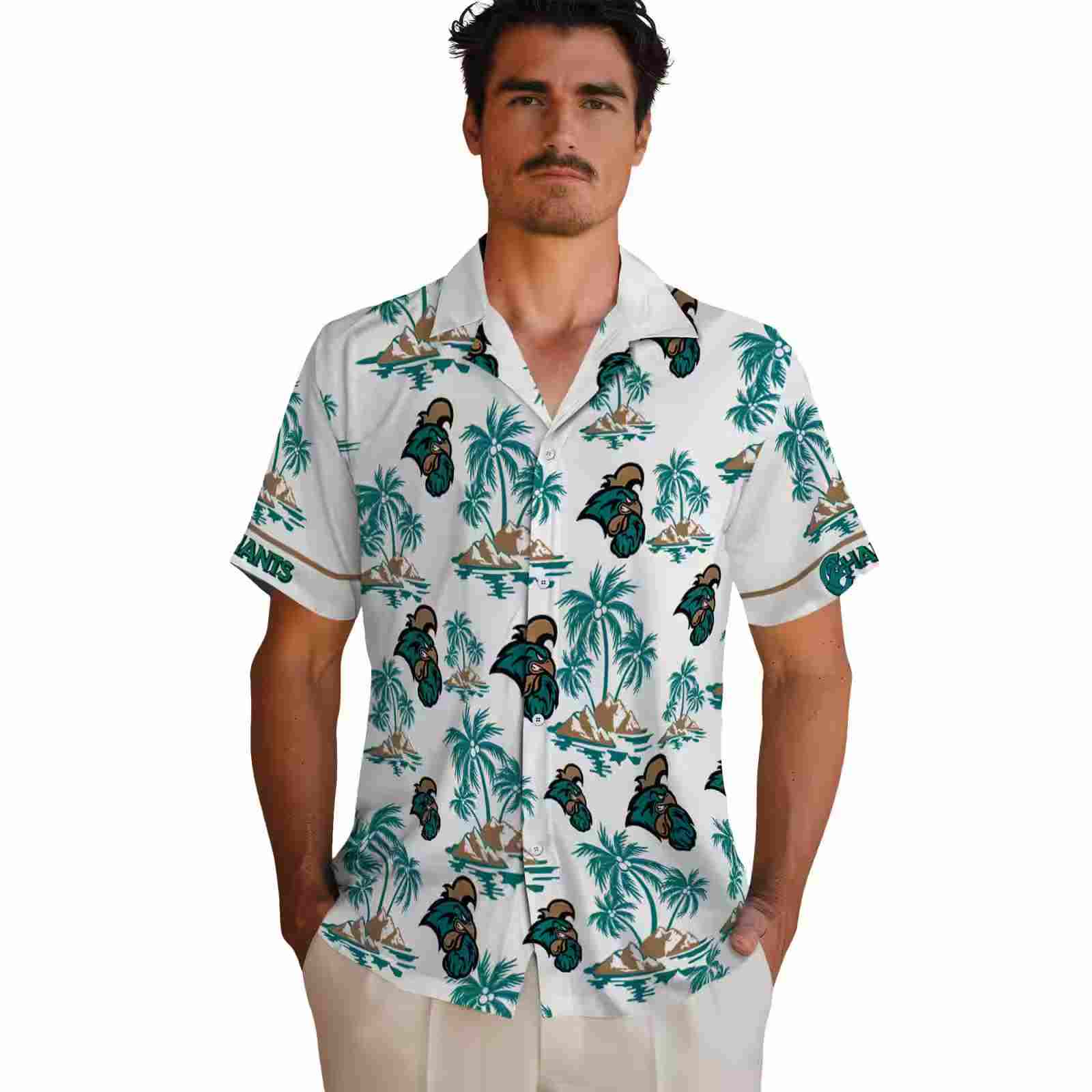 coastal carolina chanticleers palm island print green white hawaiian shirt fashion forward