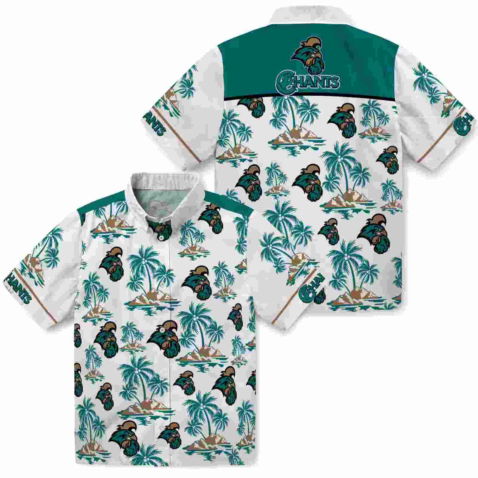 coastal carolina chanticleers palm island print green white hawaiian shirt high quality