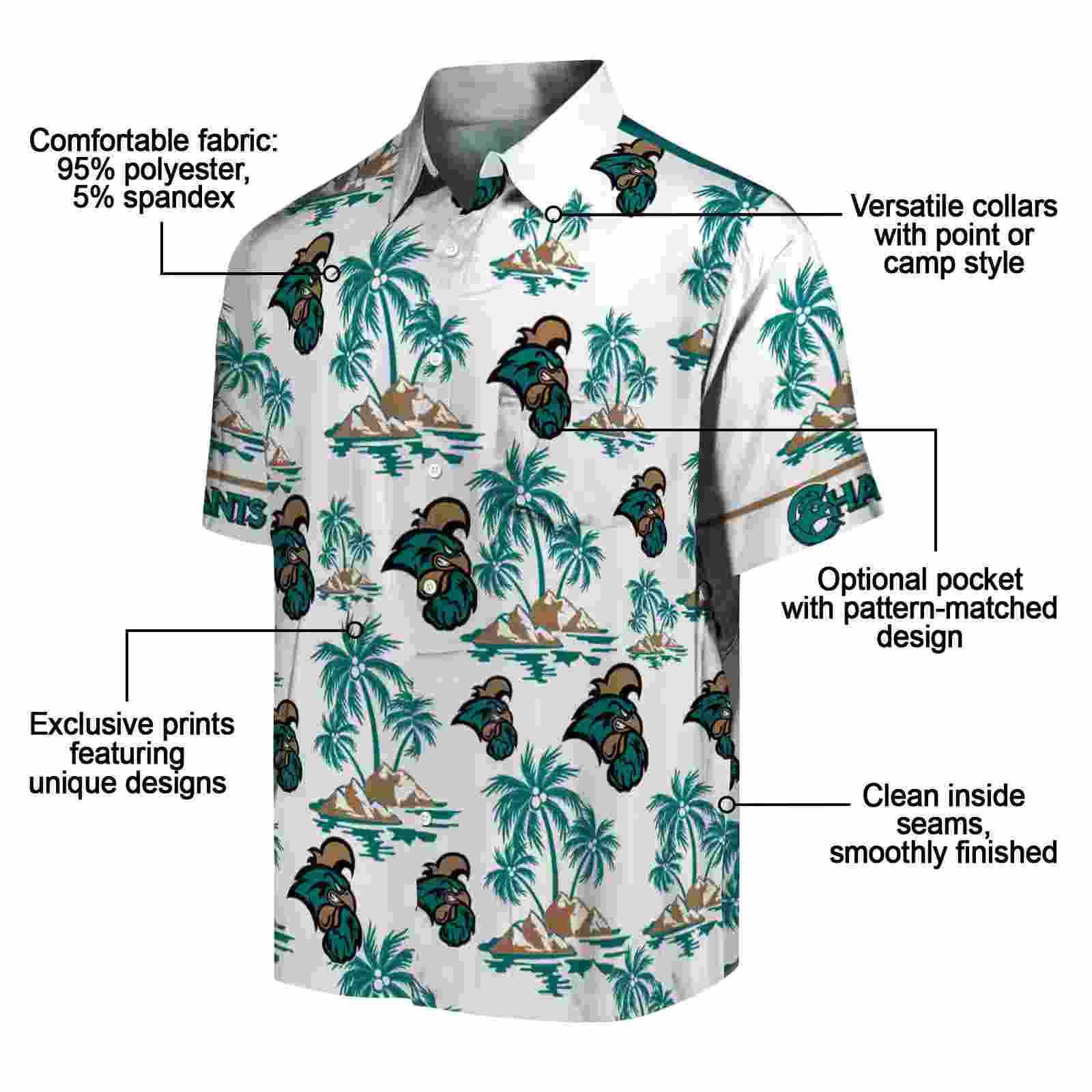 coastal carolina chanticleers palm island print green white hawaiian shirt new arrival