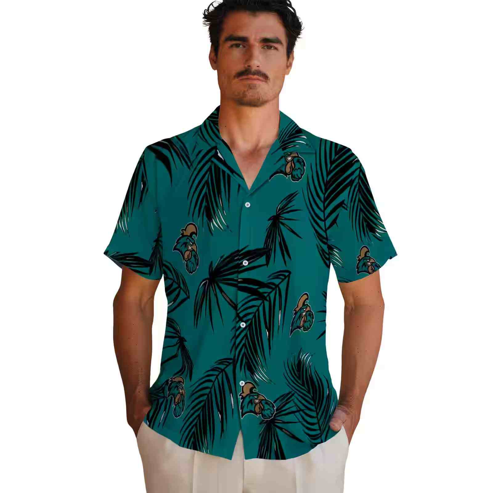 coastal carolina chanticleers palm leaf green hawaiian shirt fashion forward