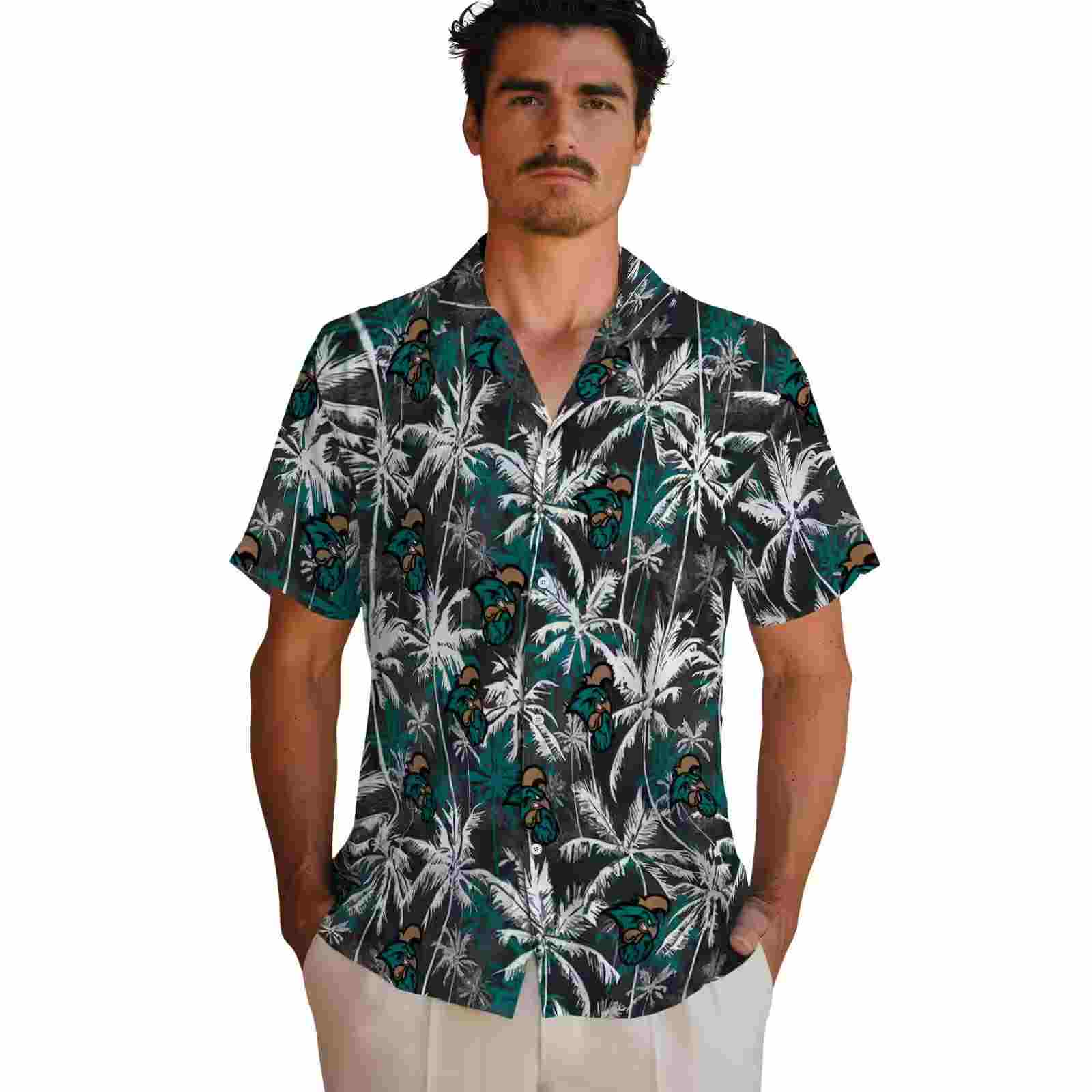 coastal carolina chanticleers palm pattern green black hawaiian shirt fashion forward