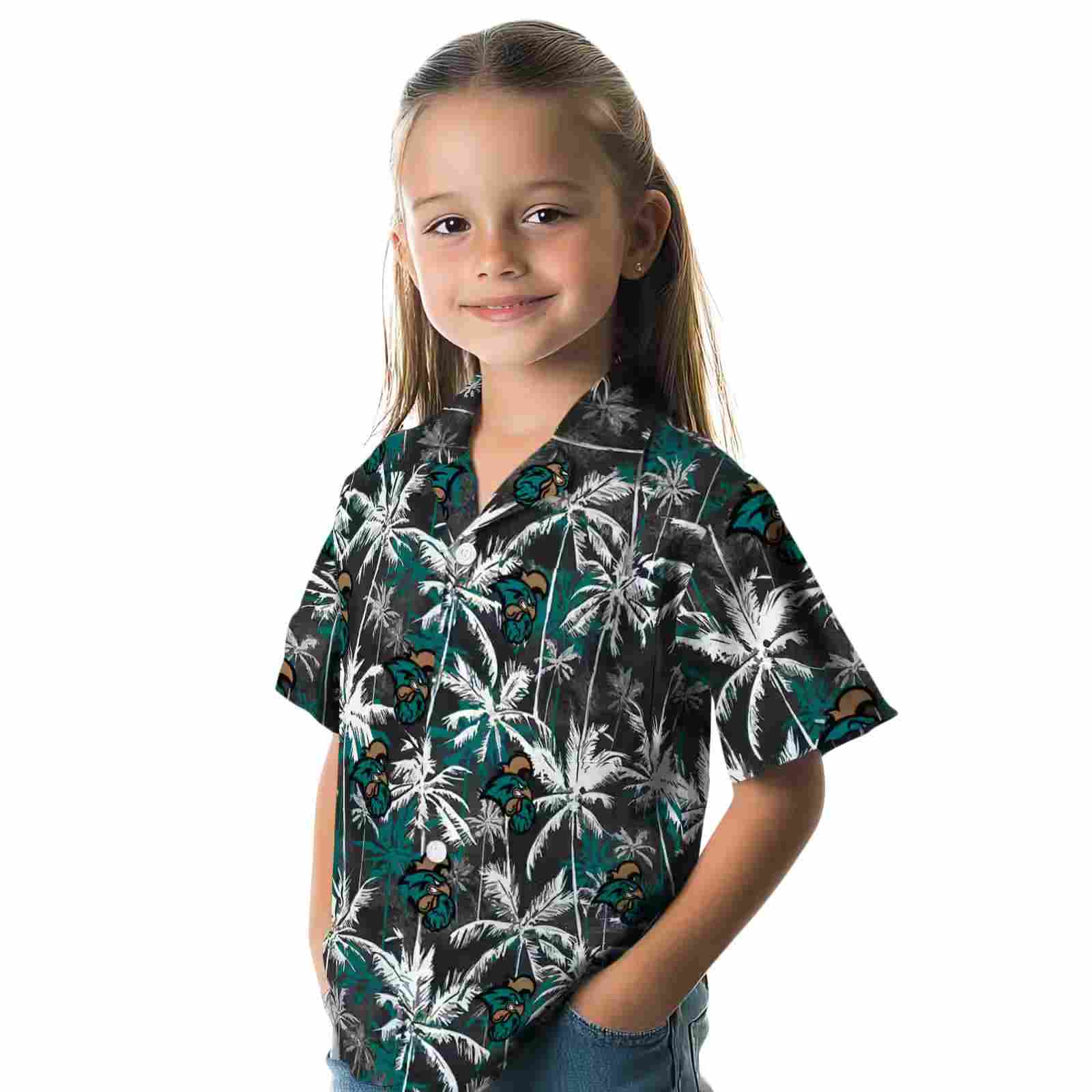 coastal carolina chanticleers palm pattern green black hawaiian shirt premium grade