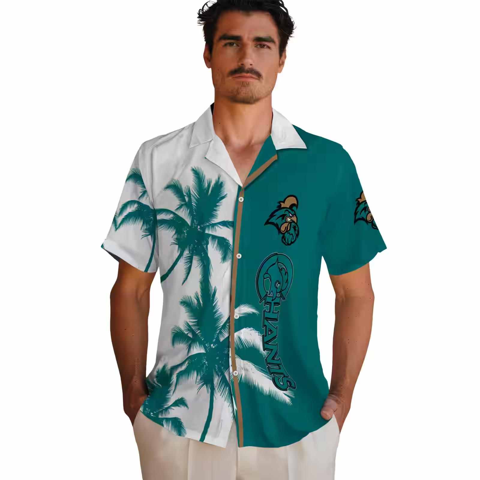 coastal carolina chanticleers palm trees green white hawaiian shirt fashion forward