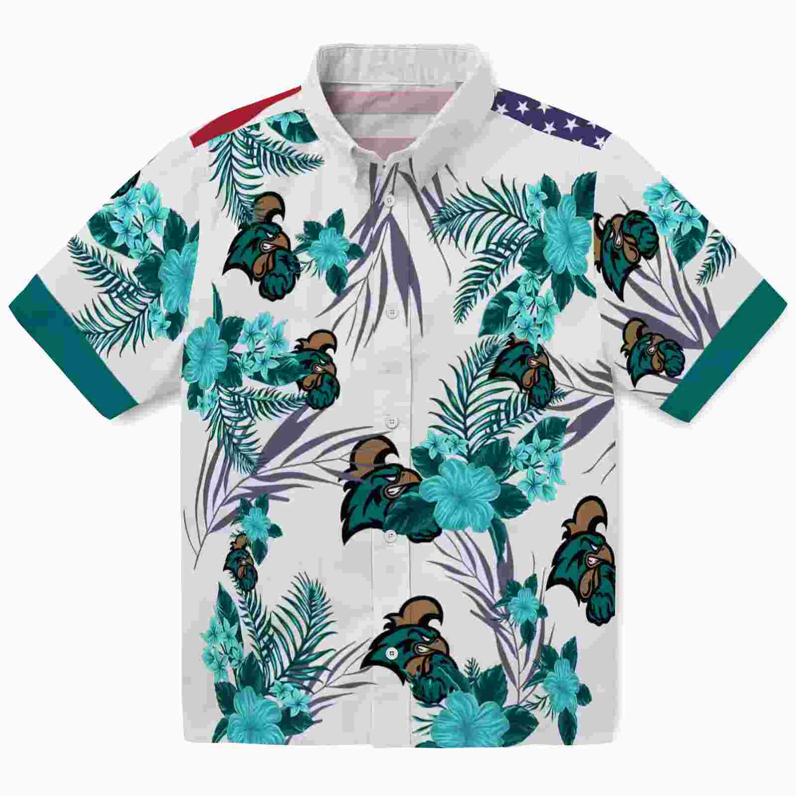 Coastal Carolina Chanticleers Patriotic Hibiscus Design Green White Hawaiian Shirt