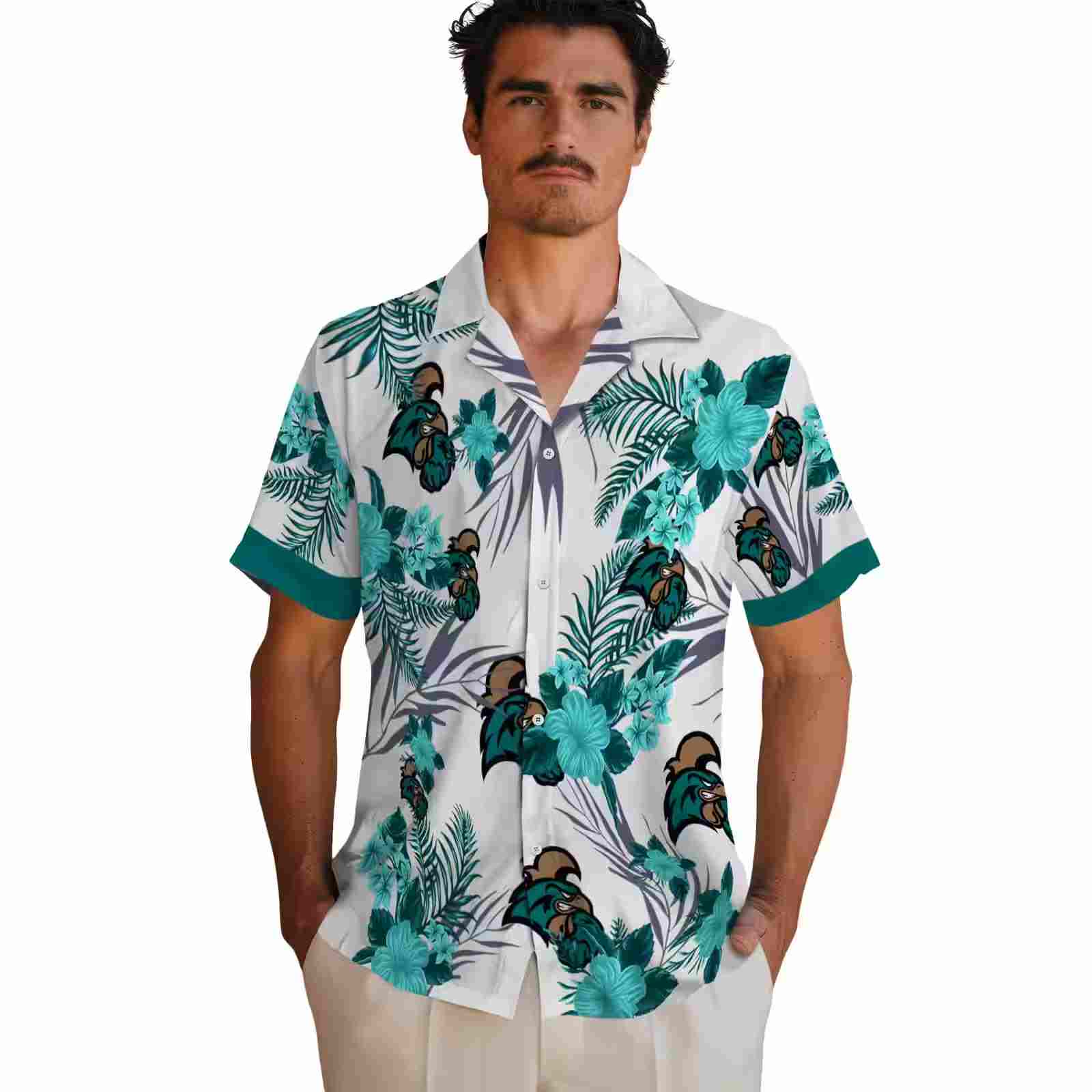 coastal carolina chanticleers patriotic hibiscus design green white hawaiian shirt fashion forward