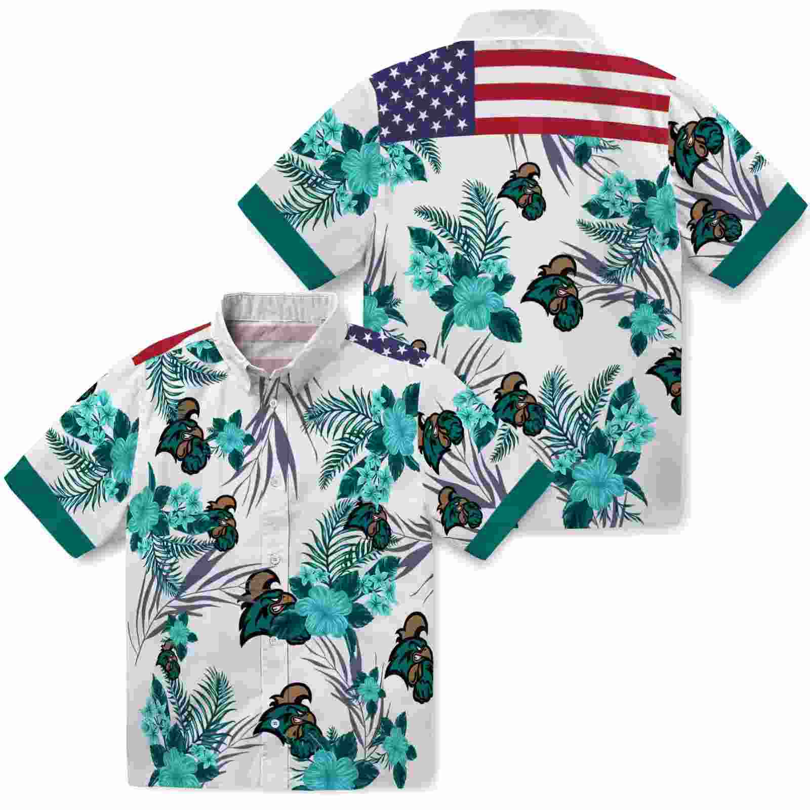 coastal carolina chanticleers patriotic hibiscus design green white hawaiian shirt high quality