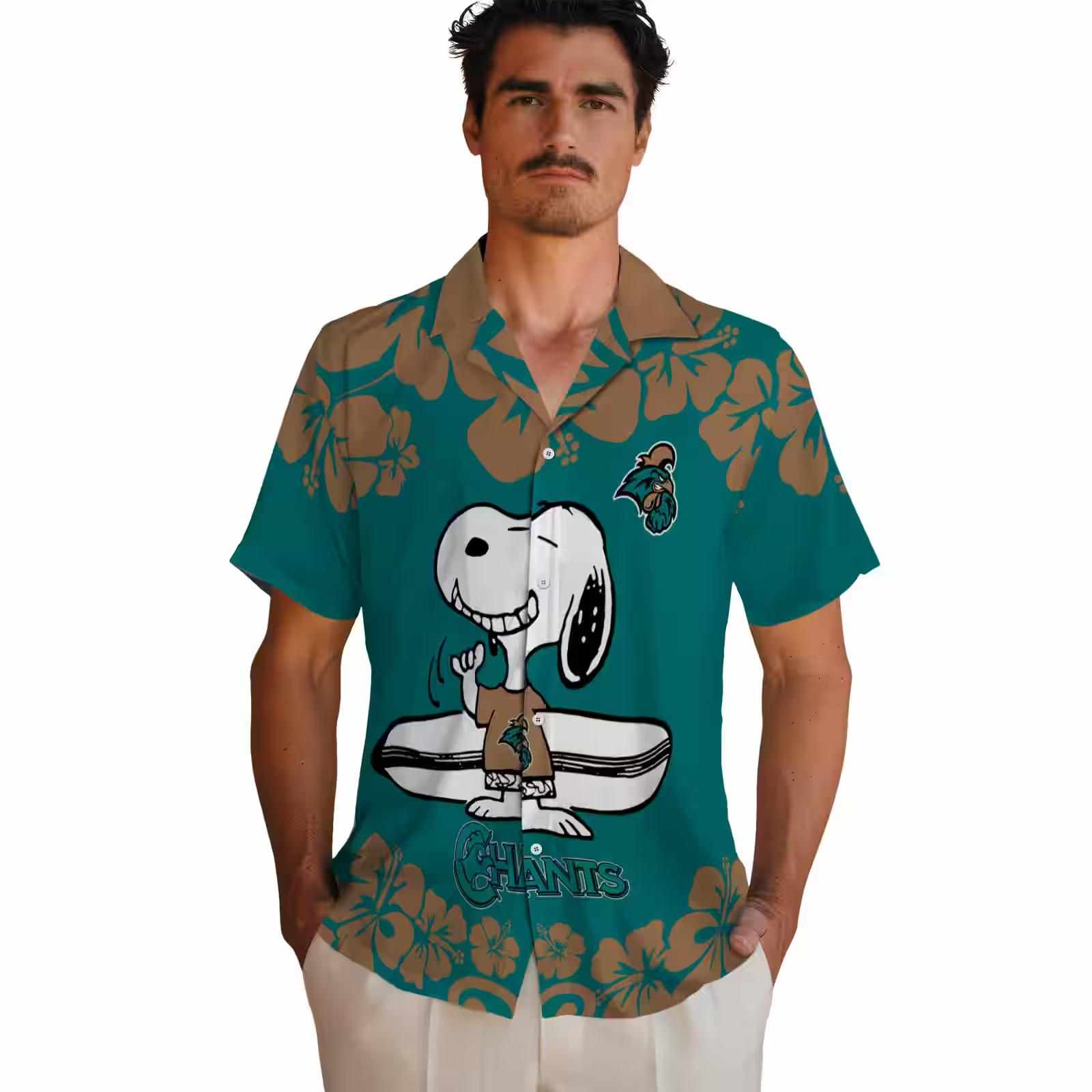 coastal carolina chanticleers snoopy surf green white hawaiian shirt fashion forward