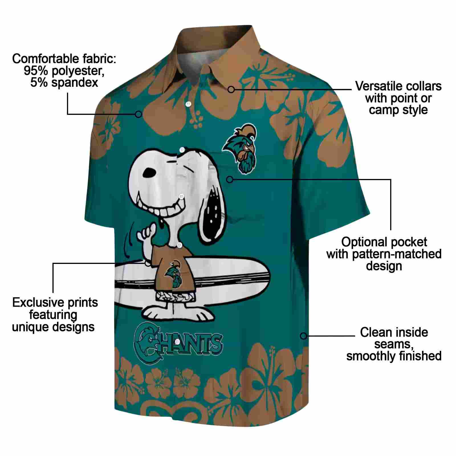 coastal carolina chanticleers snoopy surf green white hawaiian shirt new arrival