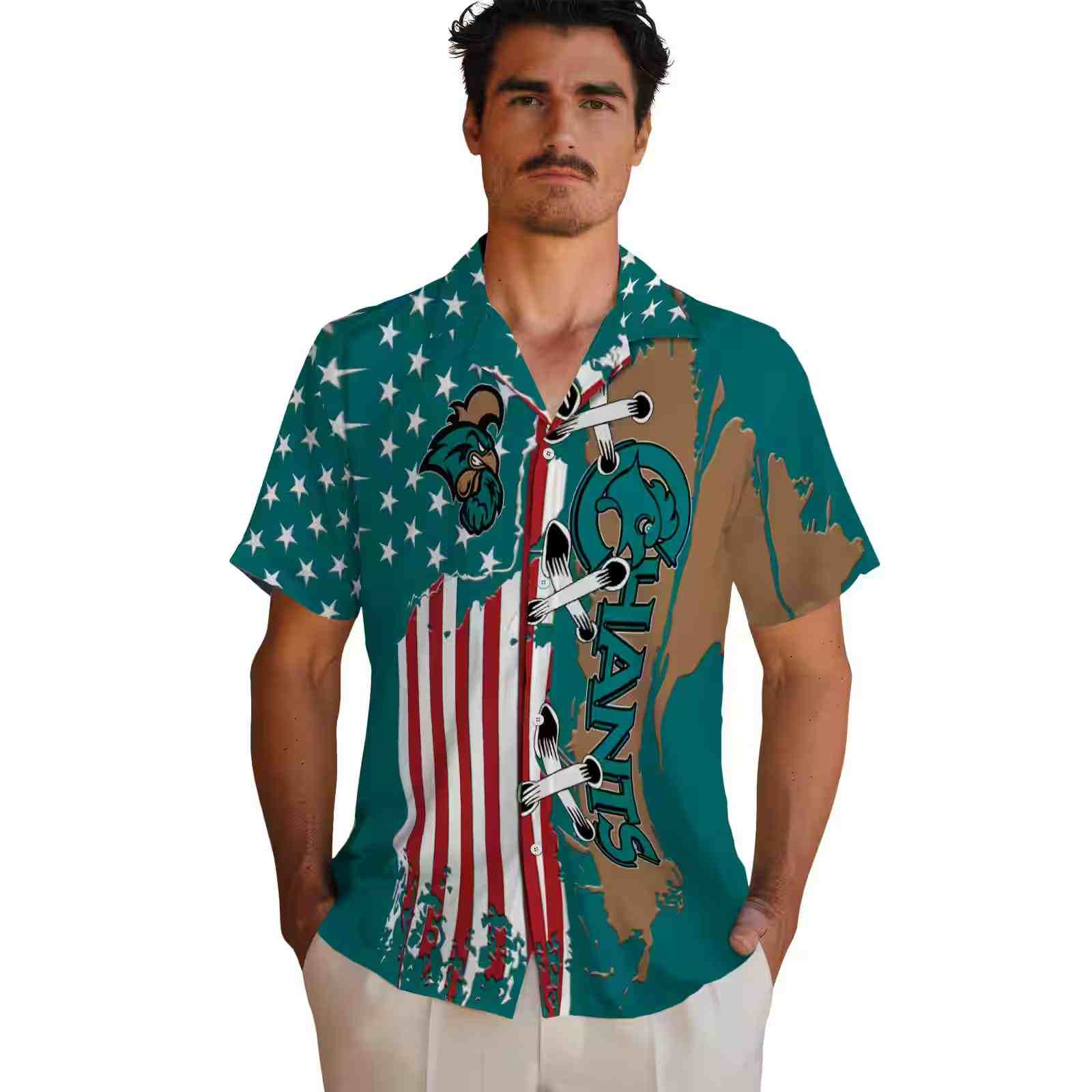 coastal carolina chanticleers stitched flag green hawaiian shirt fashion forward