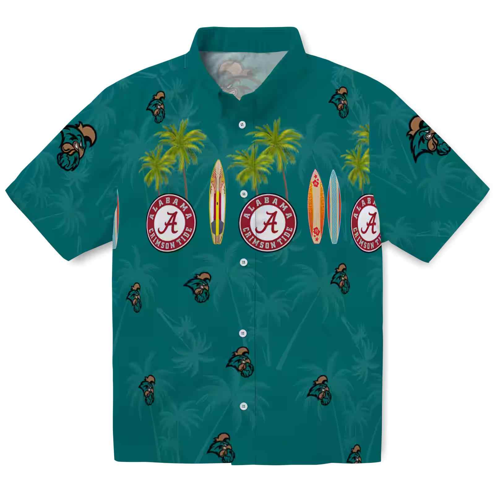 Coastal Carolina Chanticleers Surfboard Palm Green Hawaiian Shirt