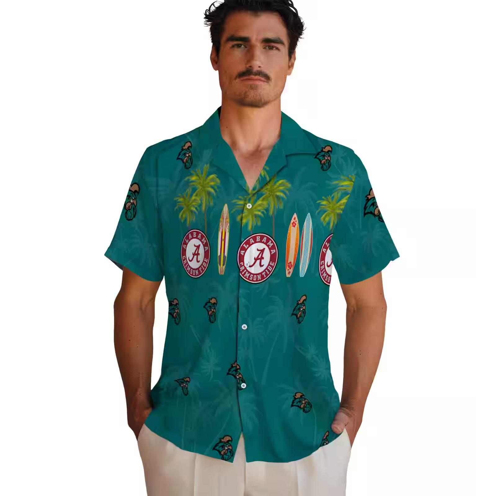 coastal carolina chanticleers surfboard palm green hawaiian shirt fashion forward