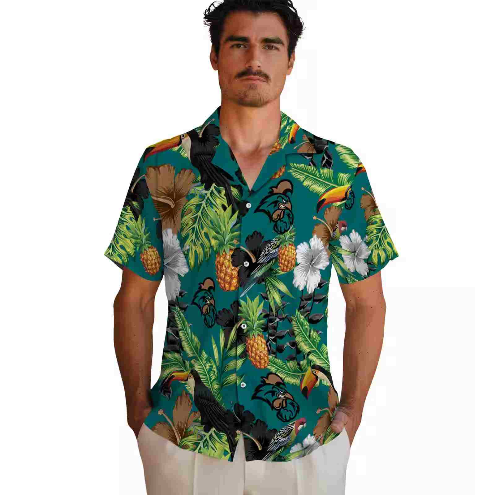 coastal carolina chanticleers toucan hibiscus pineapple green hawaiian shirt fashion forward