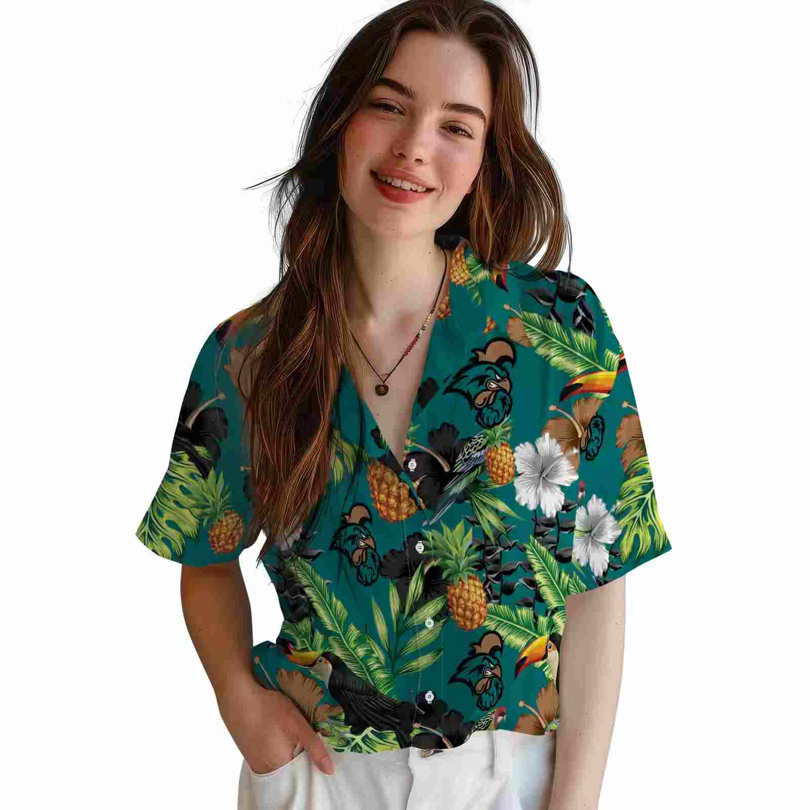 coastal carolina chanticleers toucan hibiscus pineapple green hawaiian shirt latest model