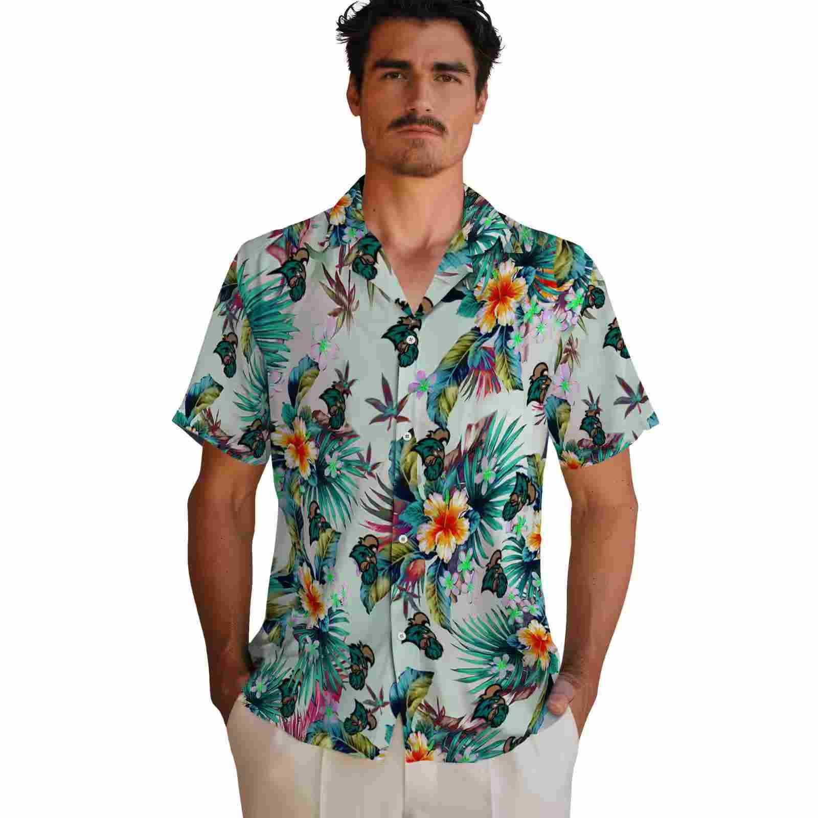 coastal carolina chanticleers tropical foliage green hawaiian shirt fashion forward