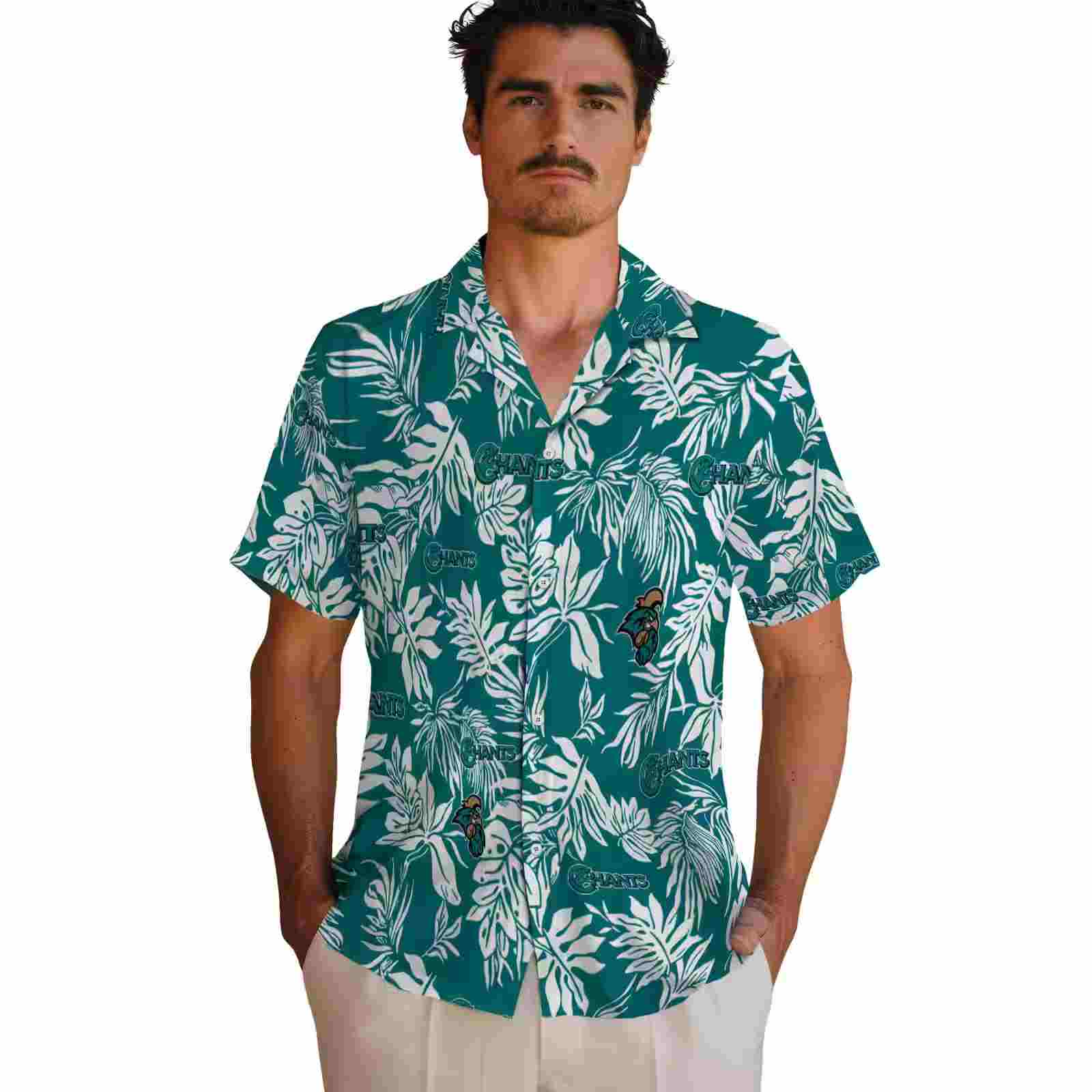 coastal carolina chanticleers tropical leaf green white hawaiian shirt fashion forward