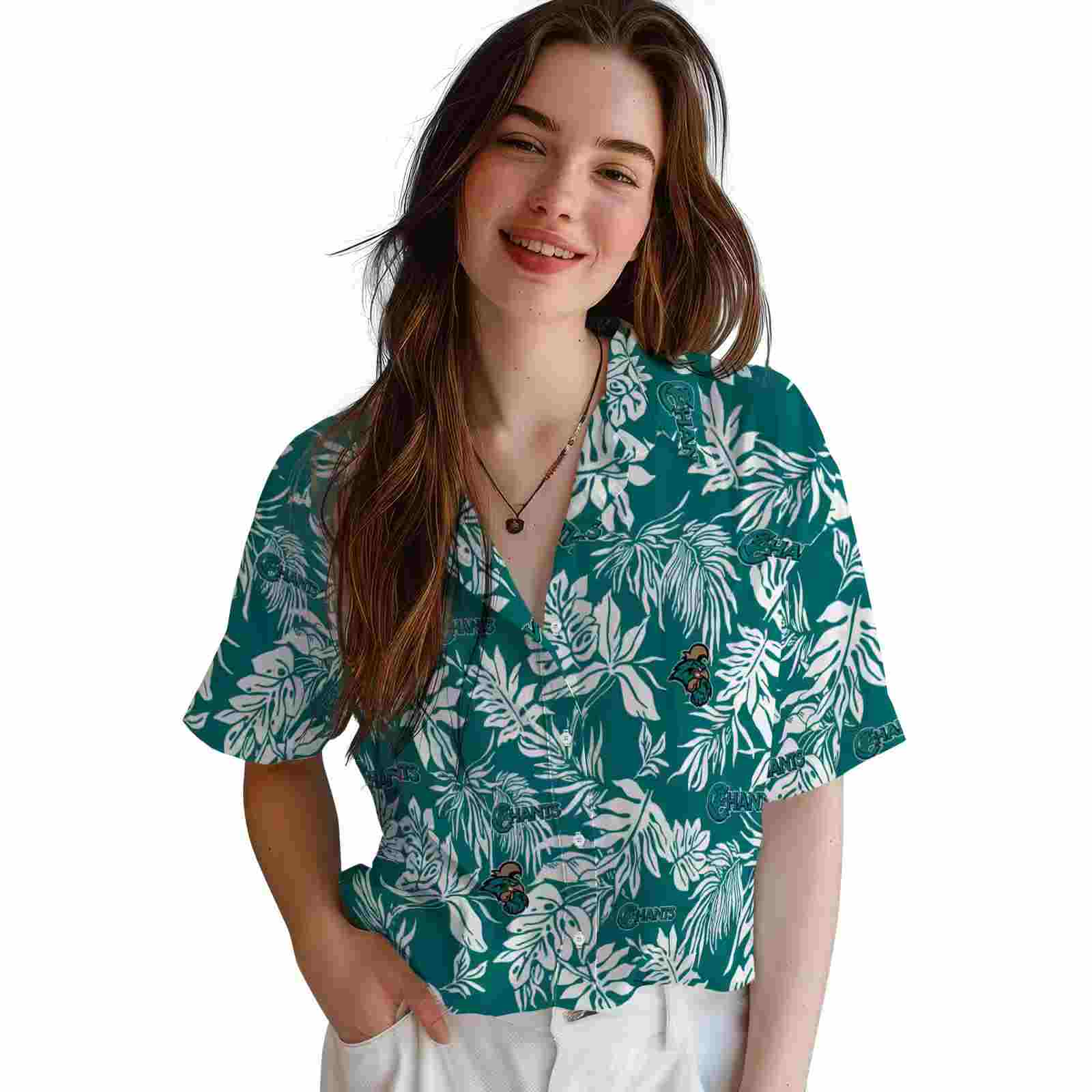 coastal carolina chanticleers tropical leaf green white hawaiian shirt latest model