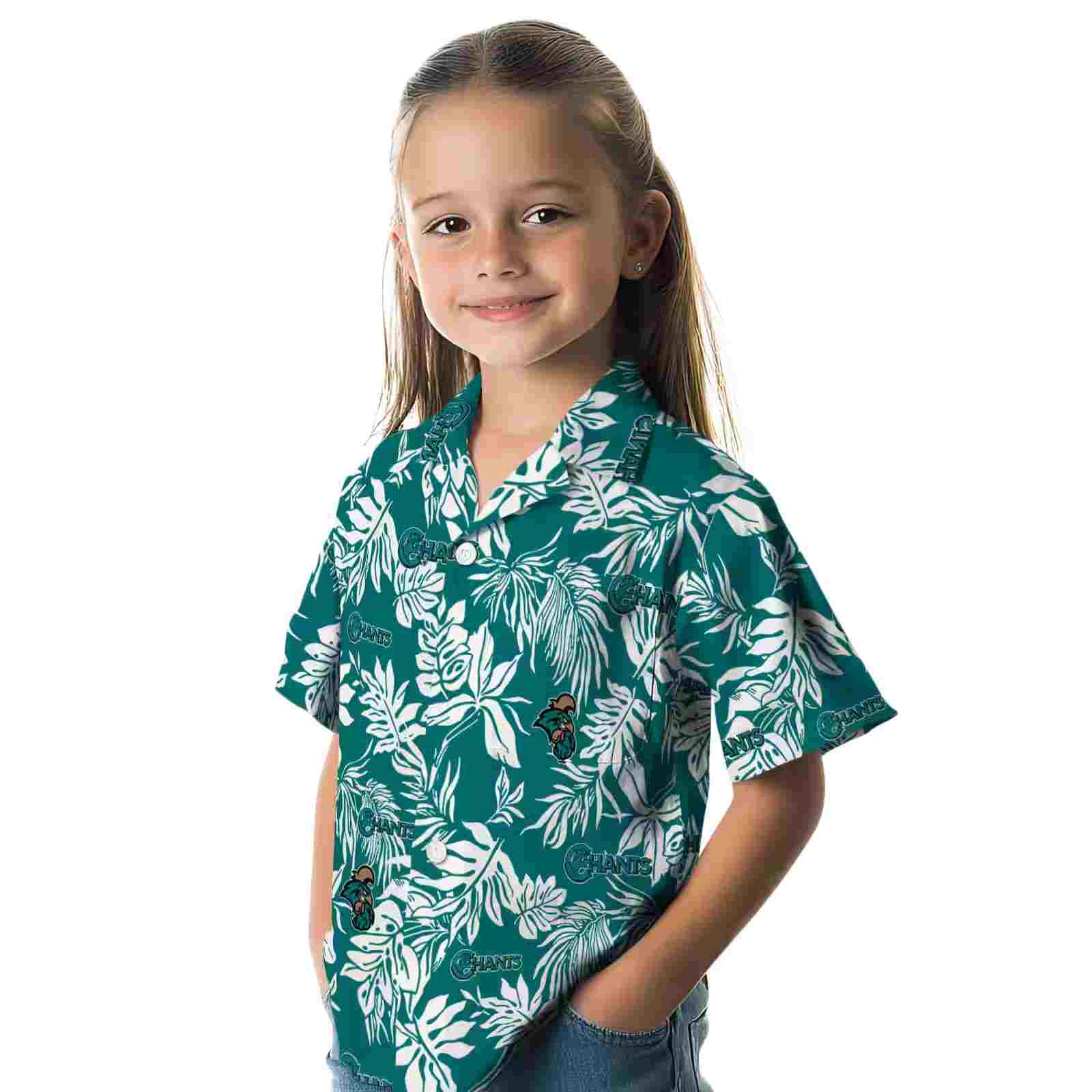 coastal carolina chanticleers tropical leaf green white hawaiian shirt premium grade