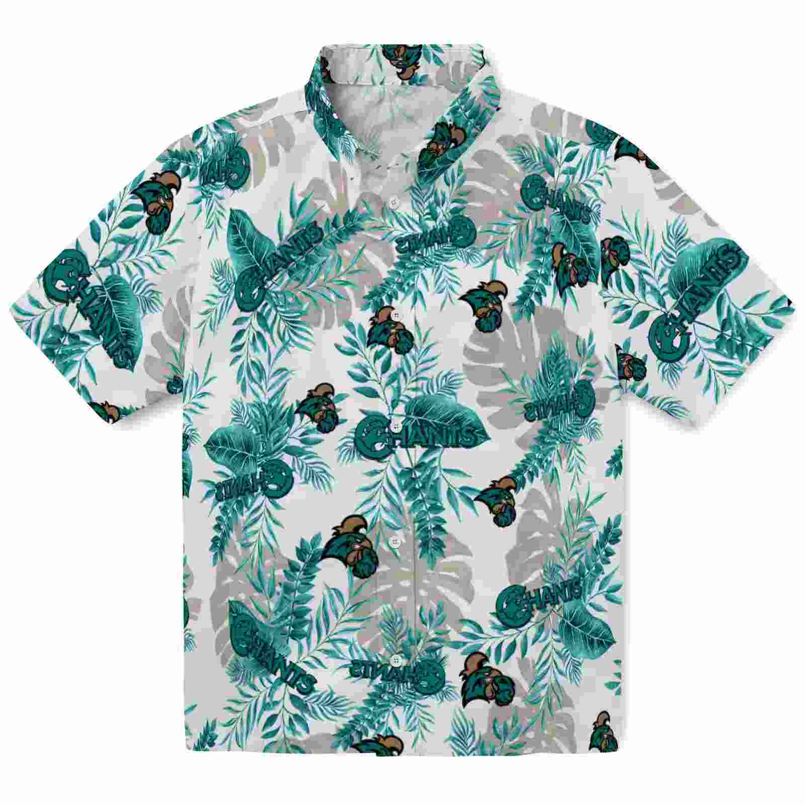 Coastal Carolina Chanticleers Tropical Leaves Green White Hawaiian Shirt