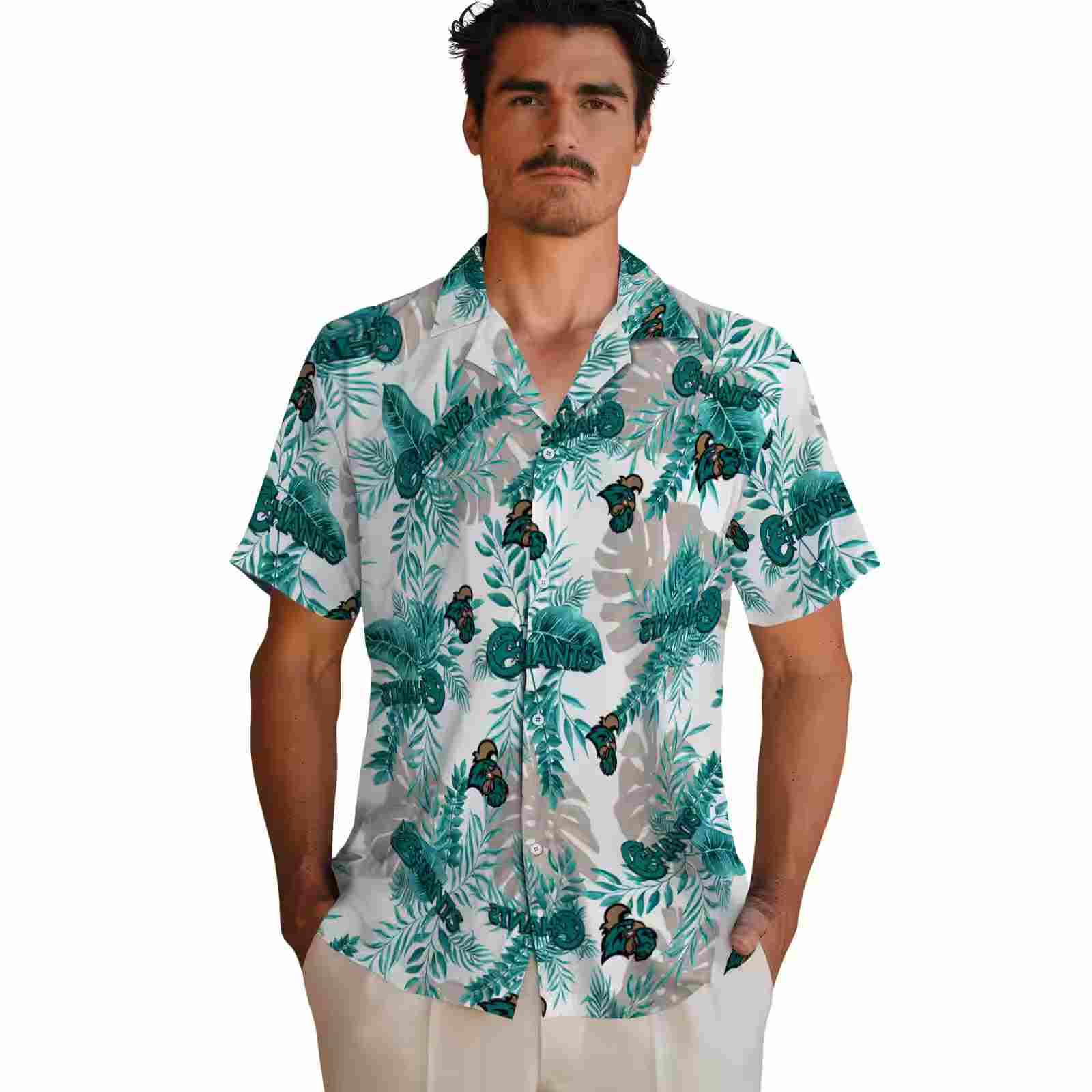 coastal carolina chanticleers tropical leaves green white hawaiian shirt fashion forward