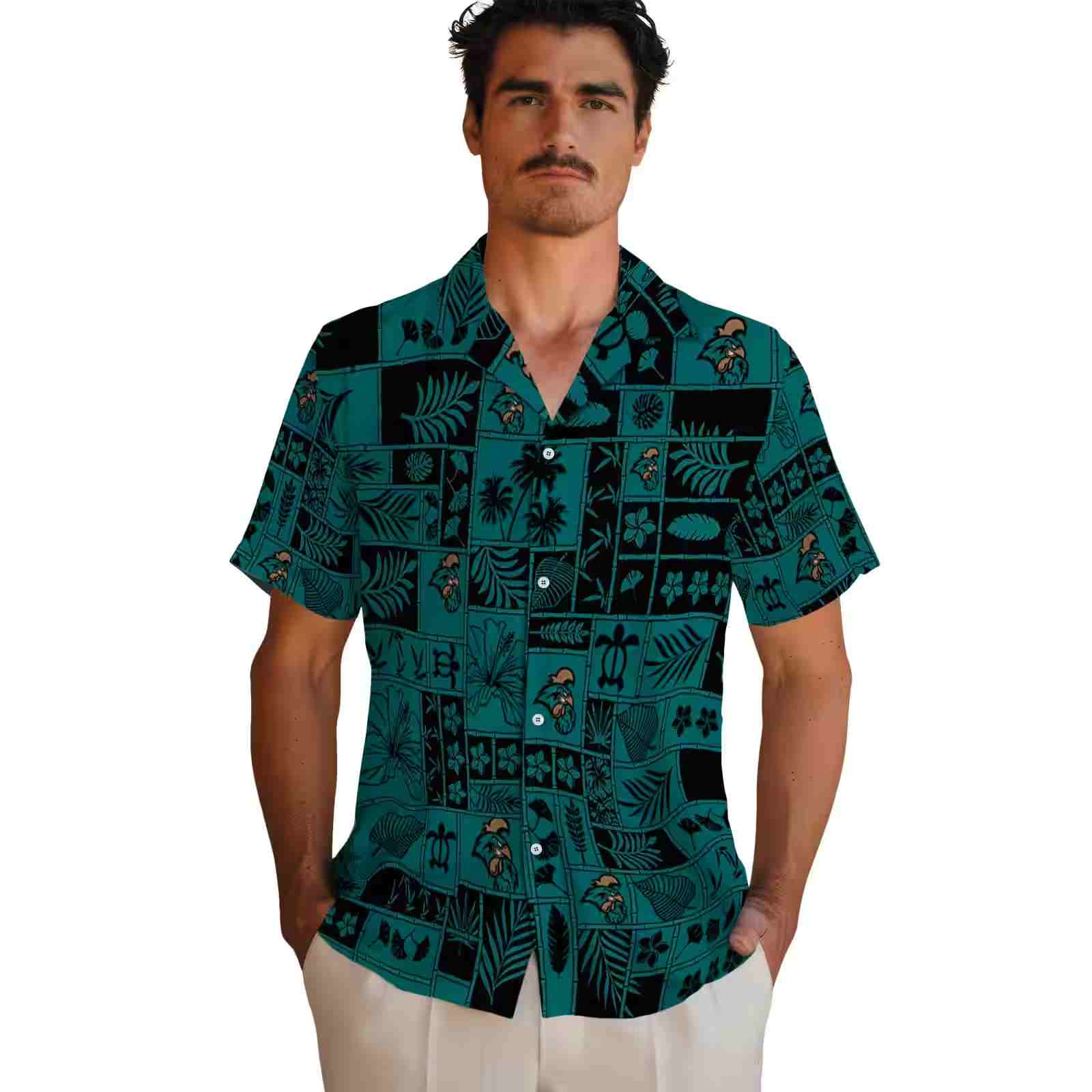 coastal carolina chanticleers tropical patchwork green black hawaiian shirt fashion forward