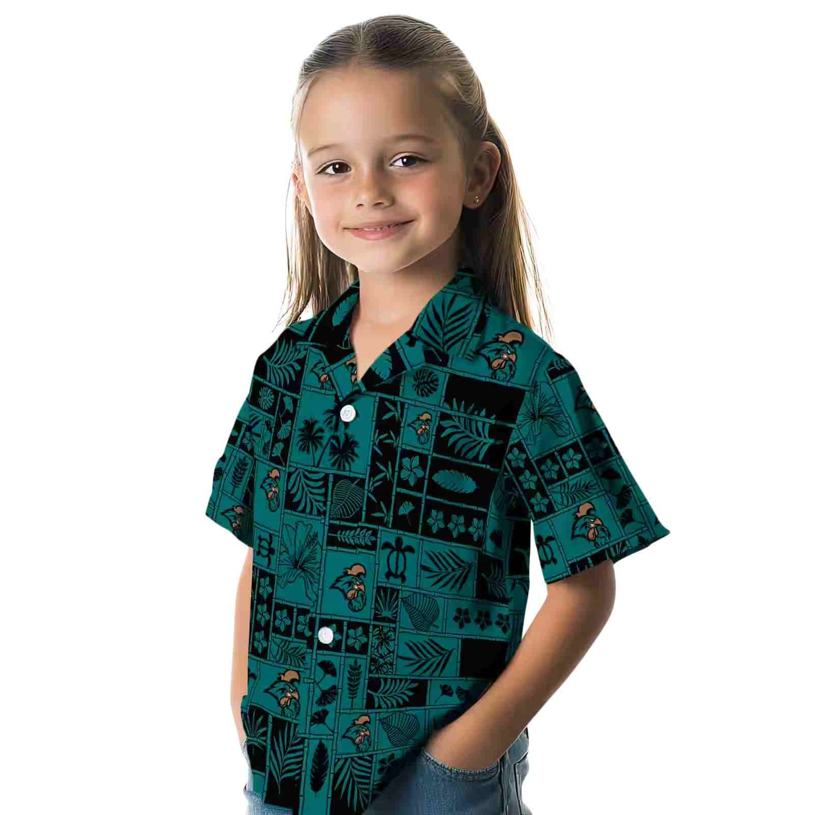 coastal carolina chanticleers tropical patchwork green black hawaiian shirt premium grade