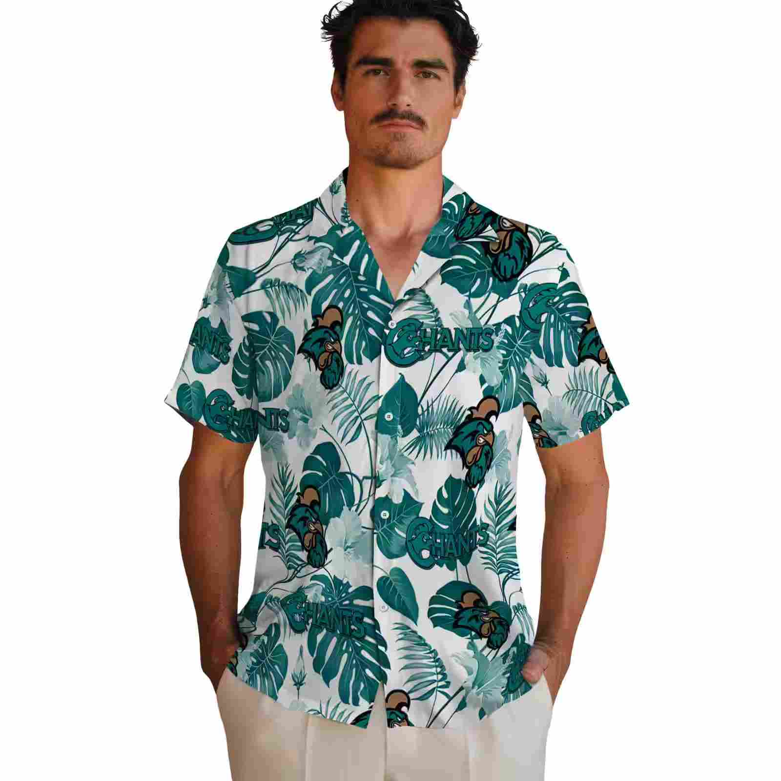 coastal carolina chanticleers tropical plants green white hawaiian shirt fashion forward