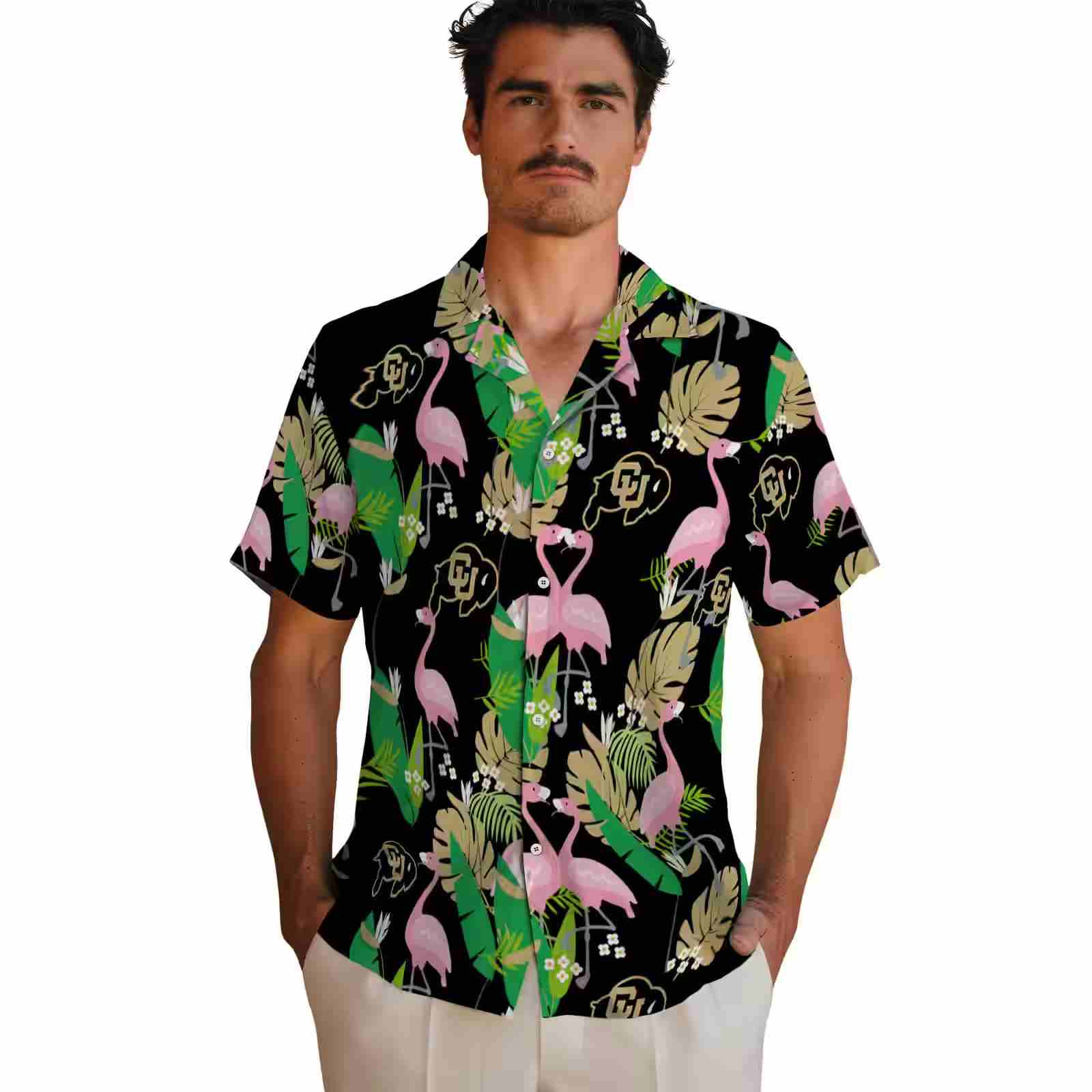 colorado buffaloes flamingo foliage gold green hawaiian shirt fashion forward