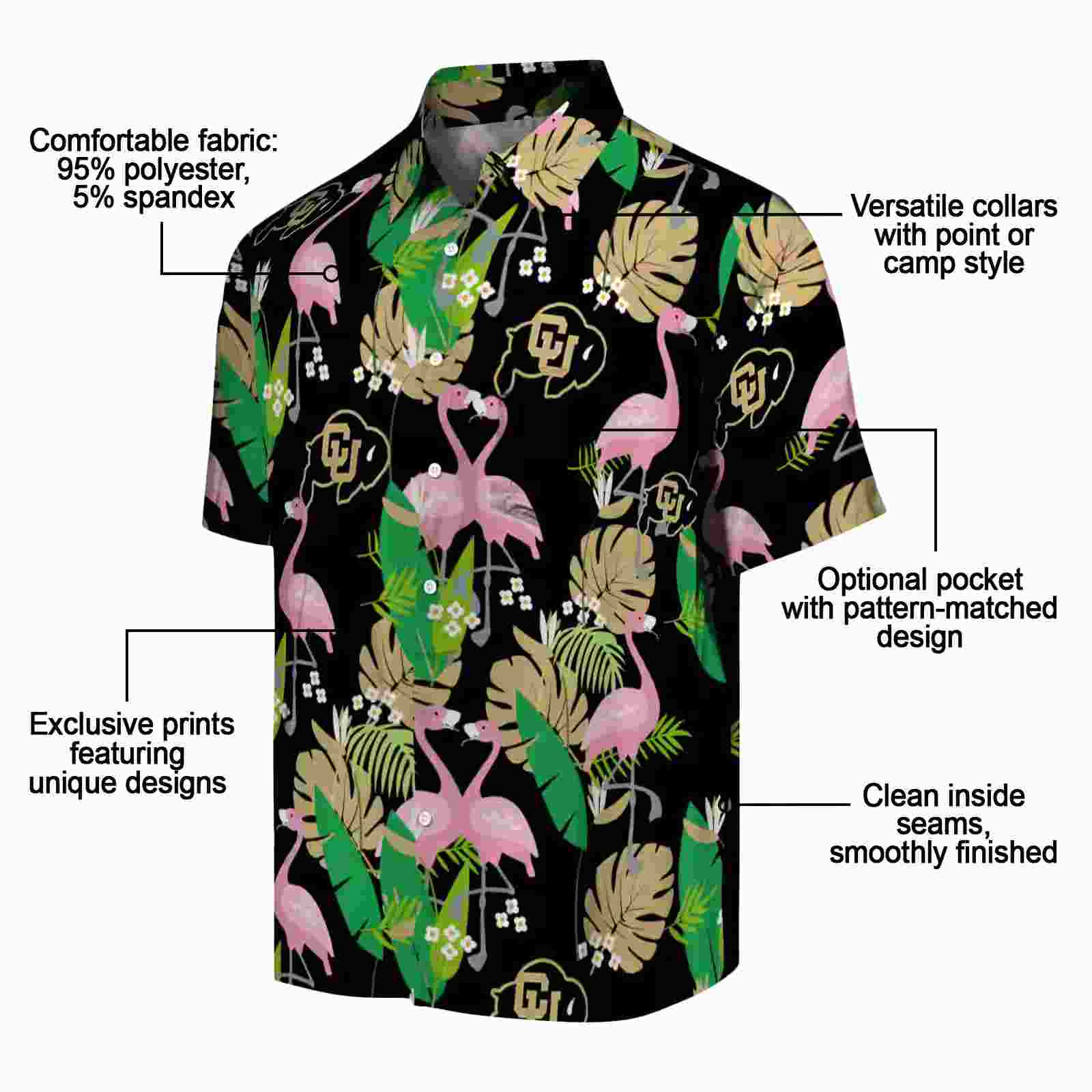 colorado buffaloes flamingo foliage gold green hawaiian shirt new arrival