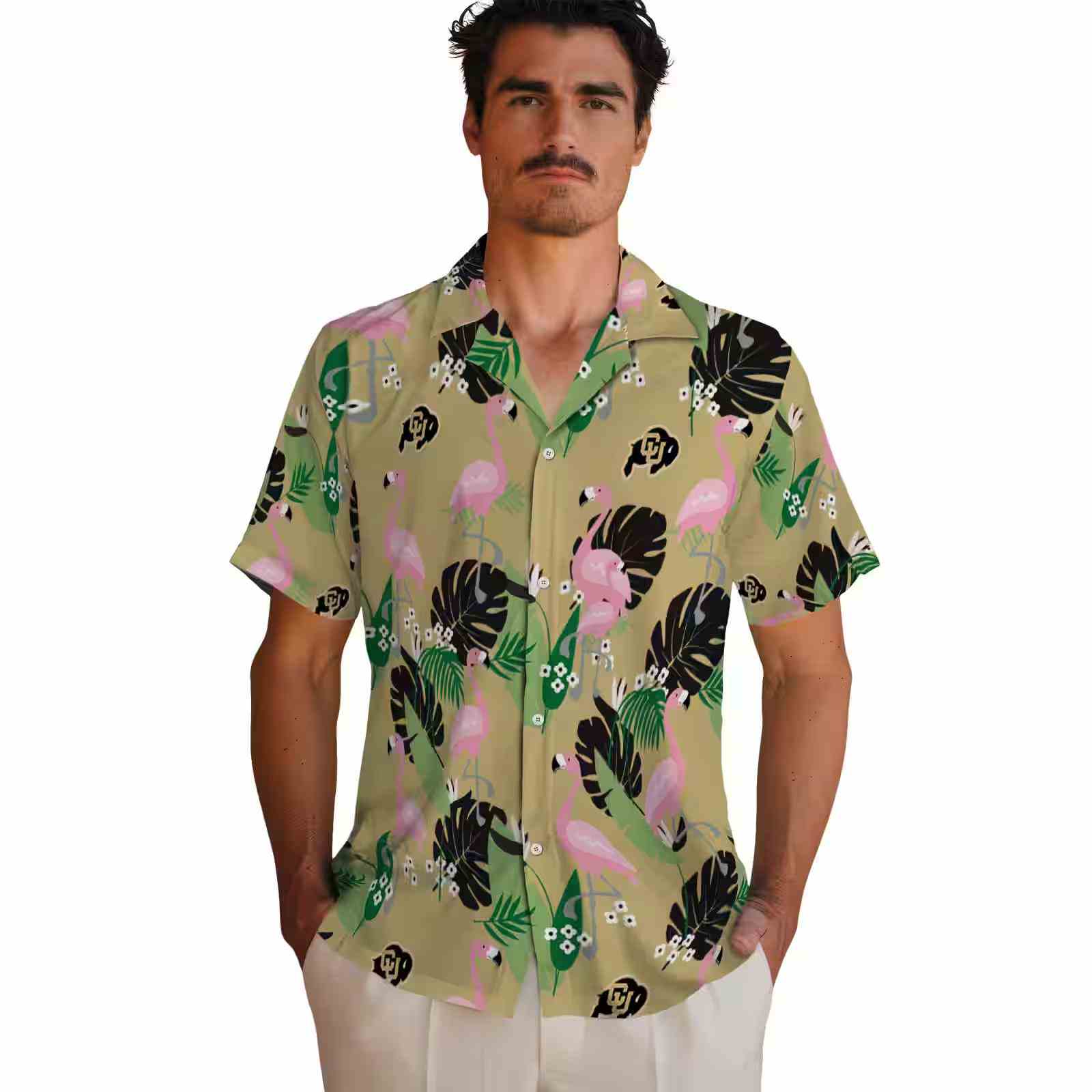 colorado buffaloes flamingo leaf motif gold hawaiian shirt fashion forward