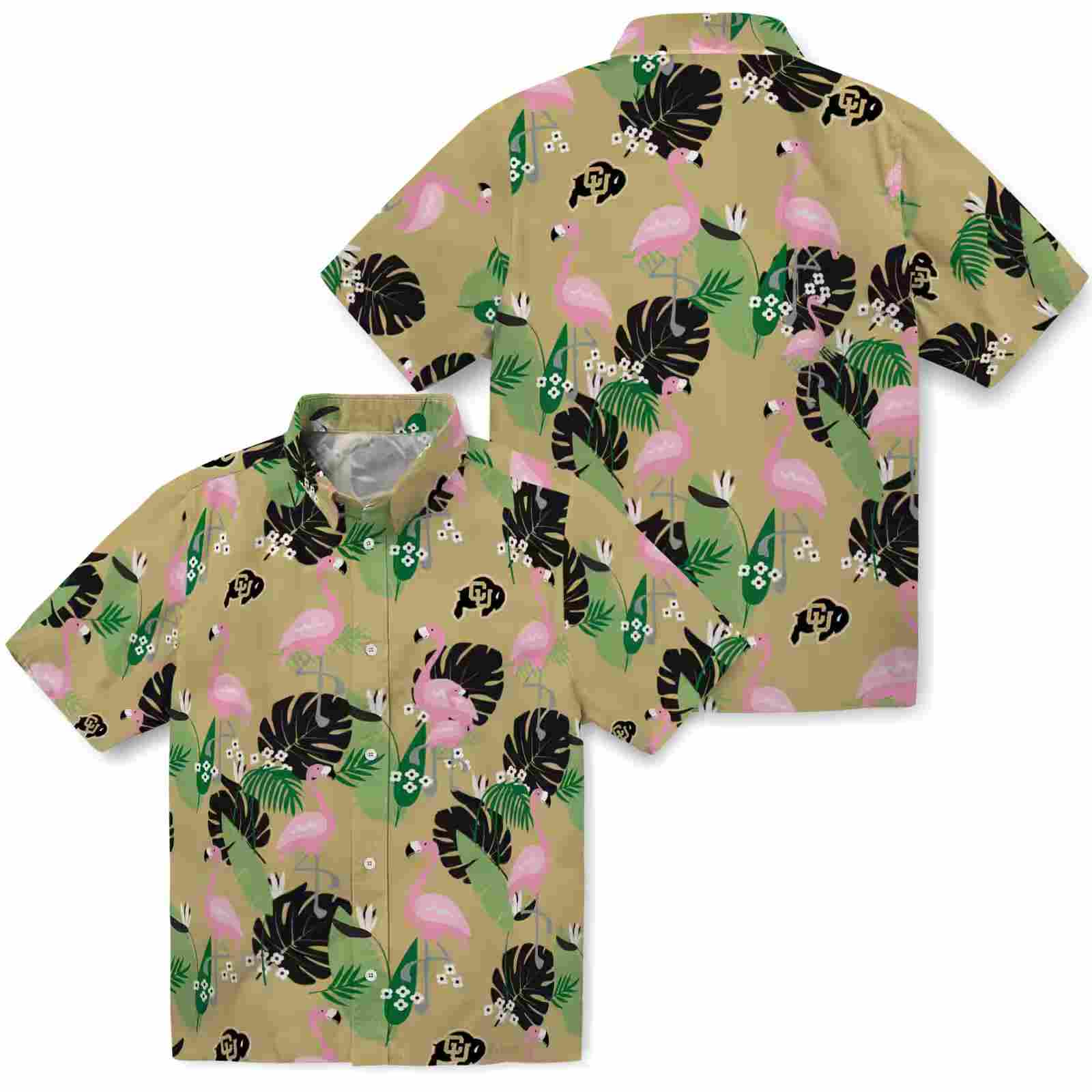 colorado buffaloes flamingo leaf motif gold hawaiian shirt high quality