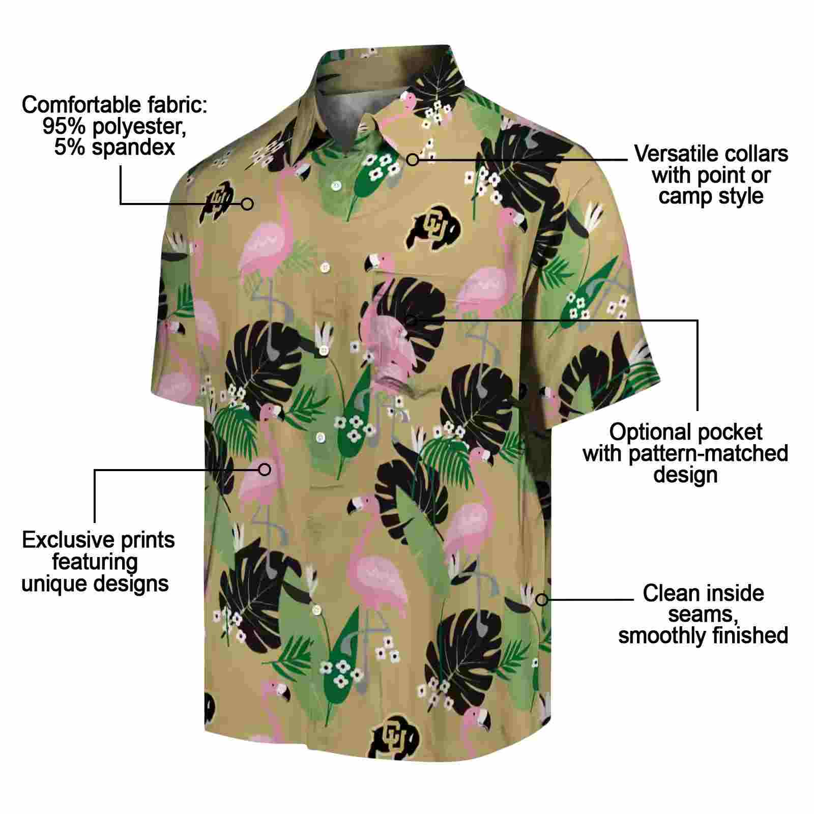 colorado buffaloes flamingo leaf motif gold hawaiian shirt new arrival