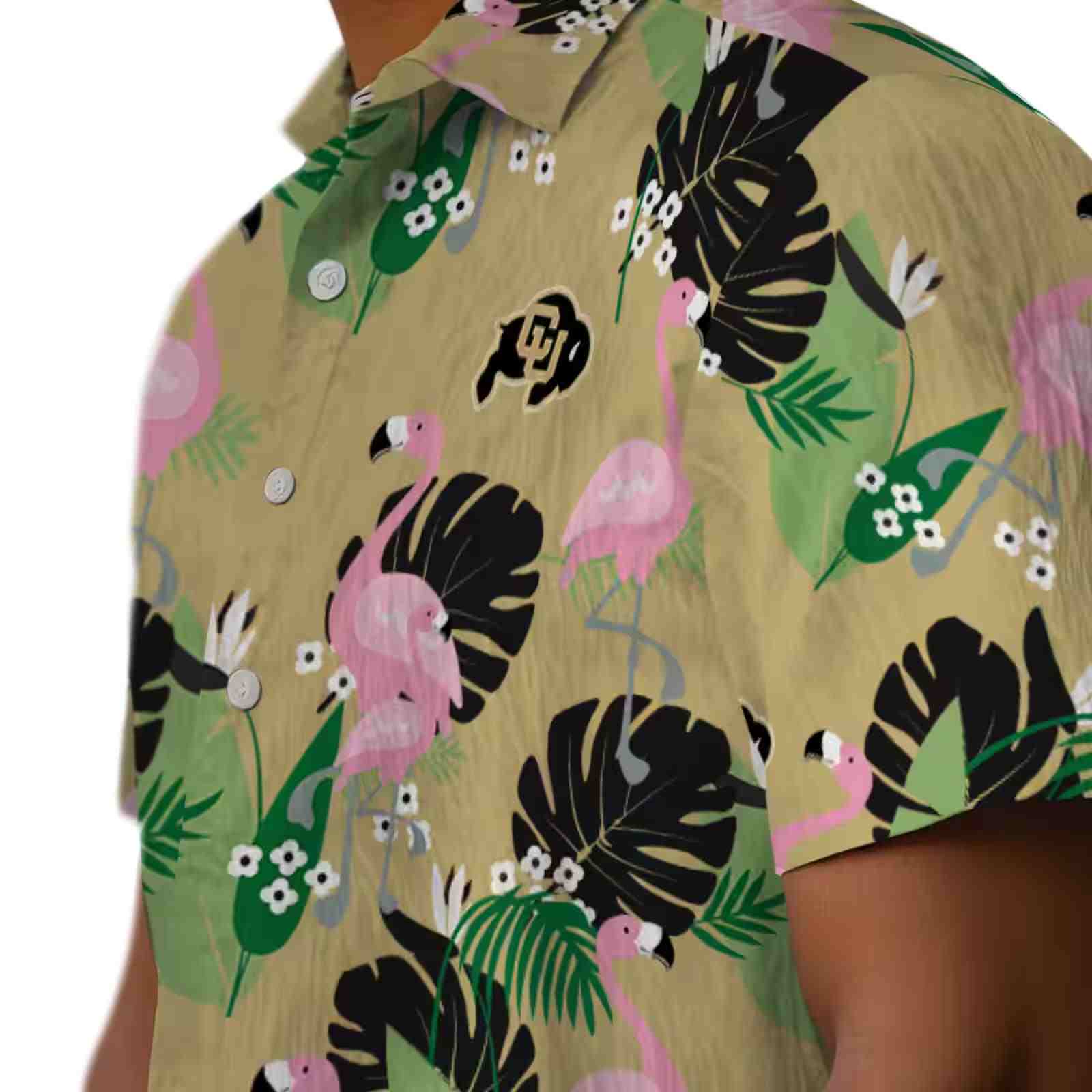 colorado buffaloes flamingo leaf motif gold hawaiian shirt trendy