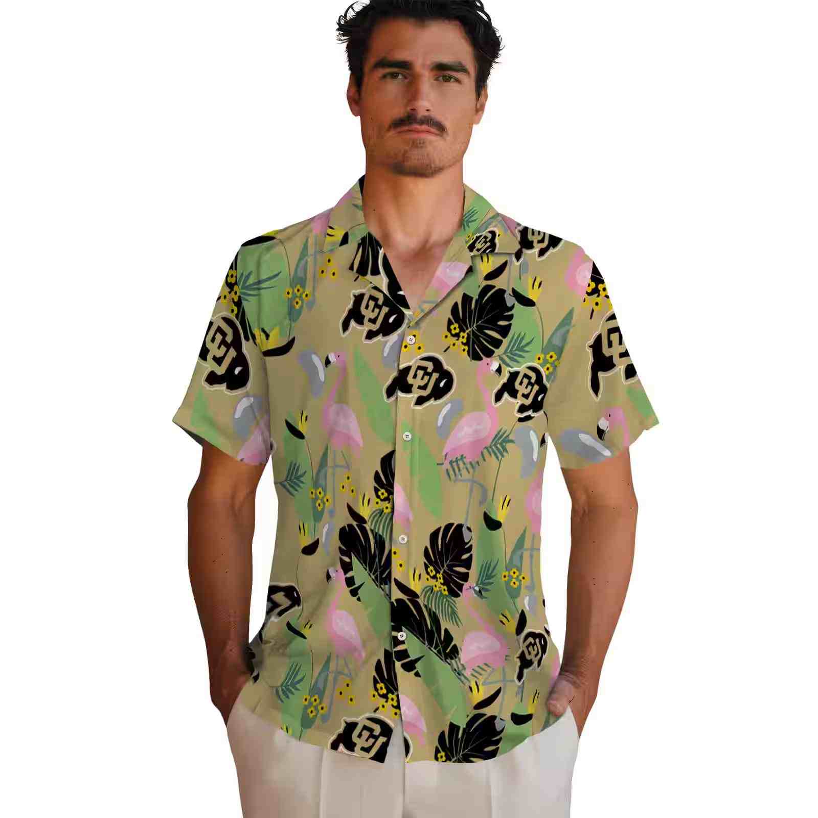 colorado buffaloes flamingo leaves gold hawaiian shirt fashion forward