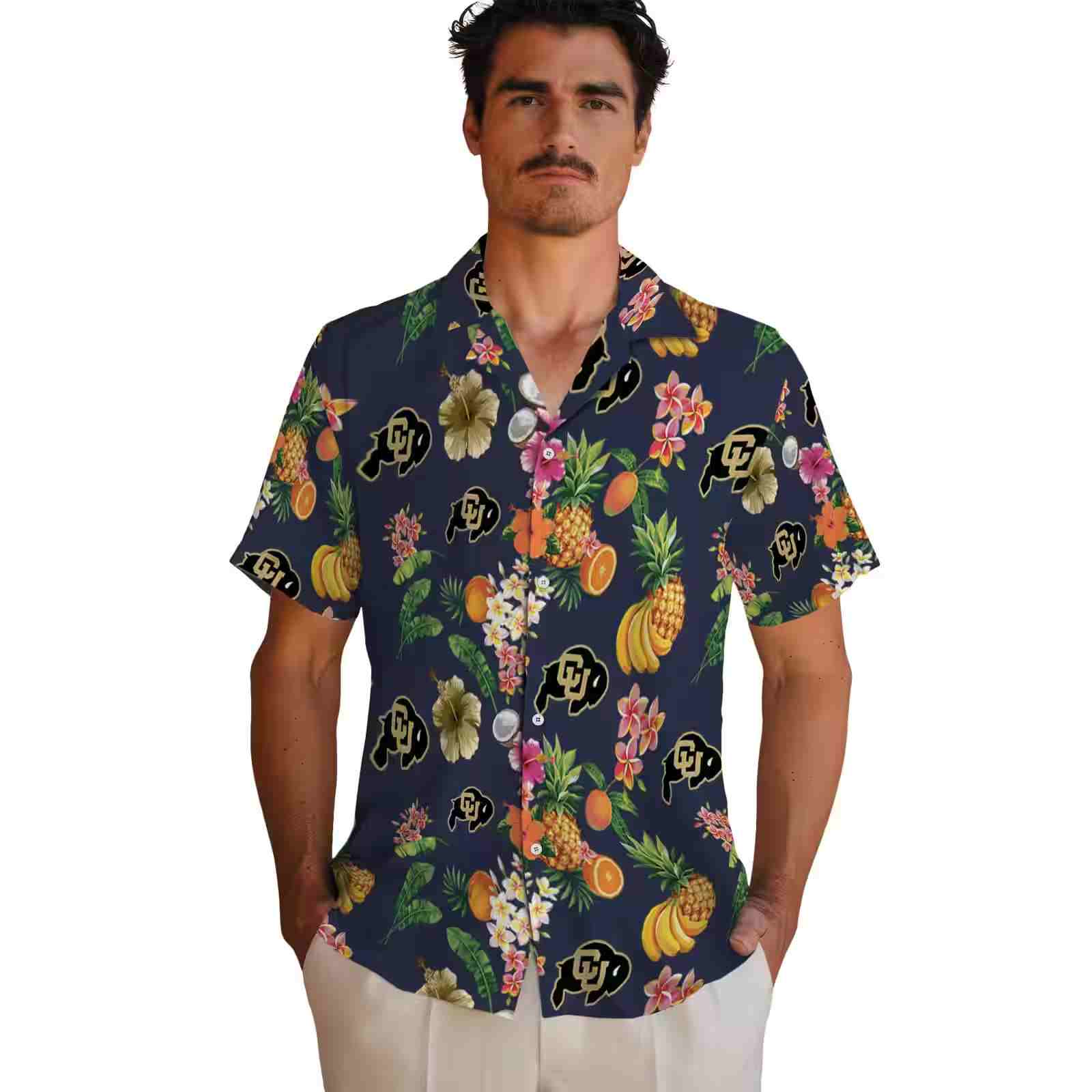 colorado buffaloes hibiscus and fruit navy blue hawaiian shirt fashion forward