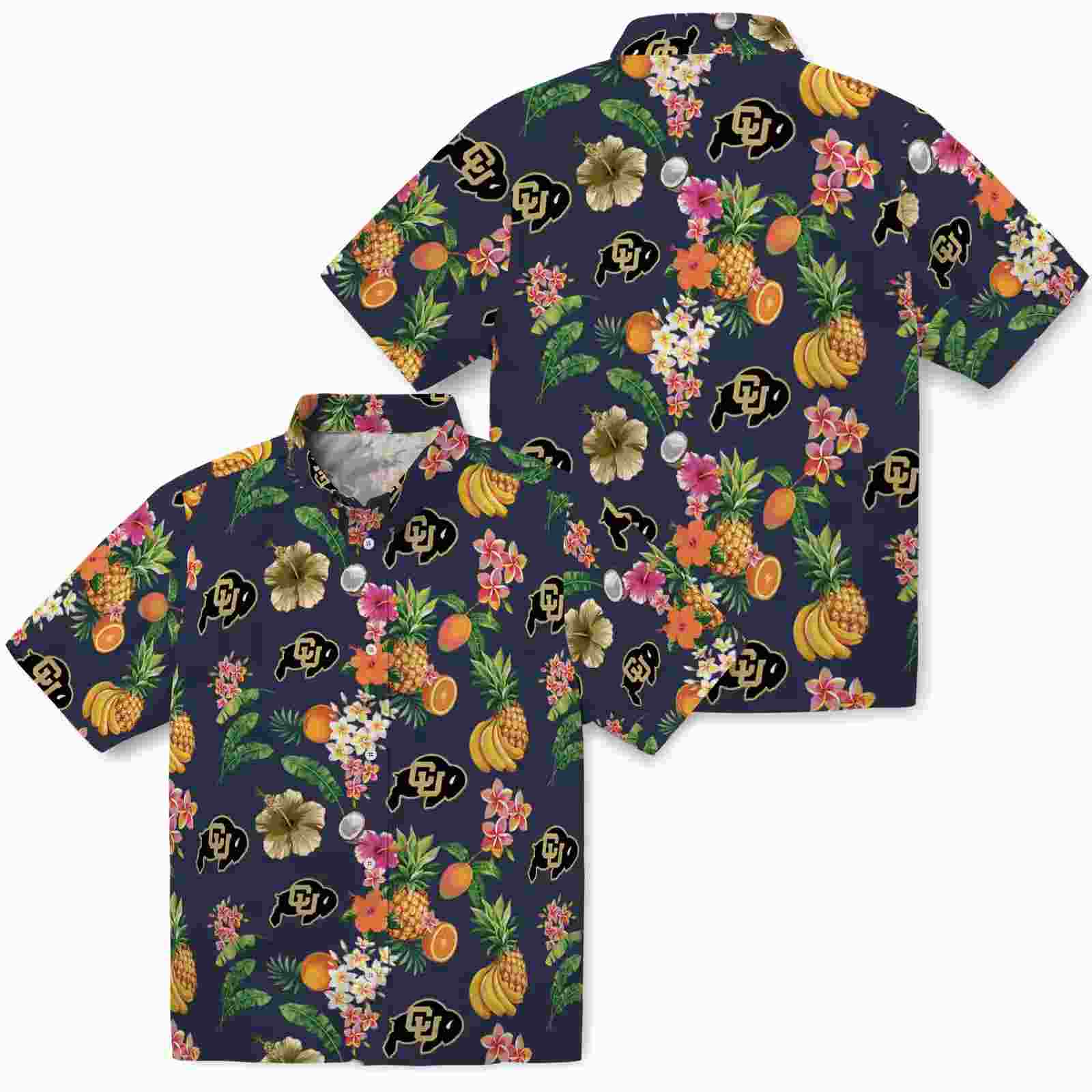 colorado buffaloes hibiscus and fruit navy blue hawaiian shirt high quality