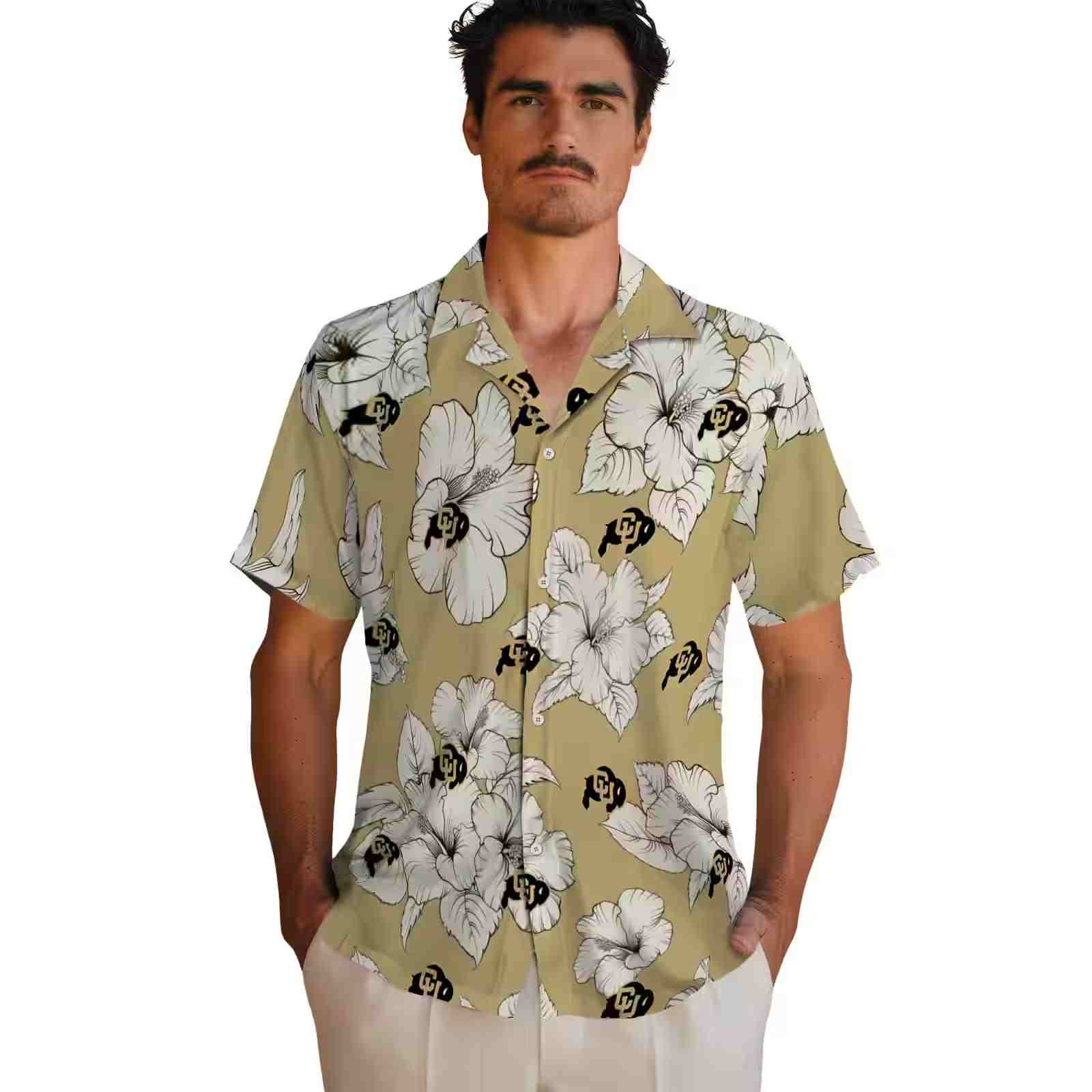 colorado buffaloes hibiscus blooms gold white hawaiian shirt fashion forward