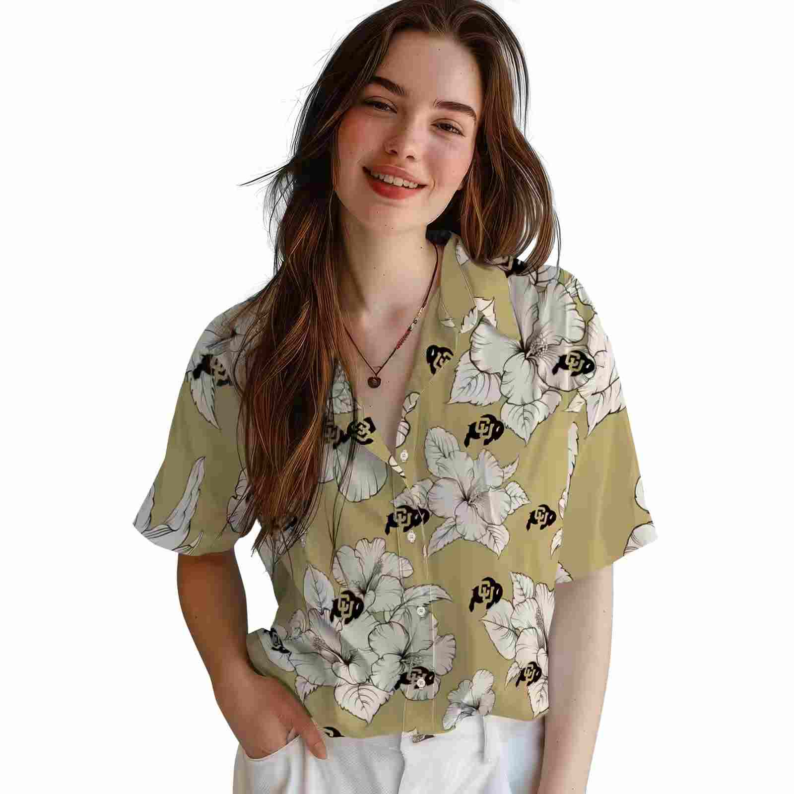 colorado buffaloes hibiscus blooms gold white hawaiian shirt latest model