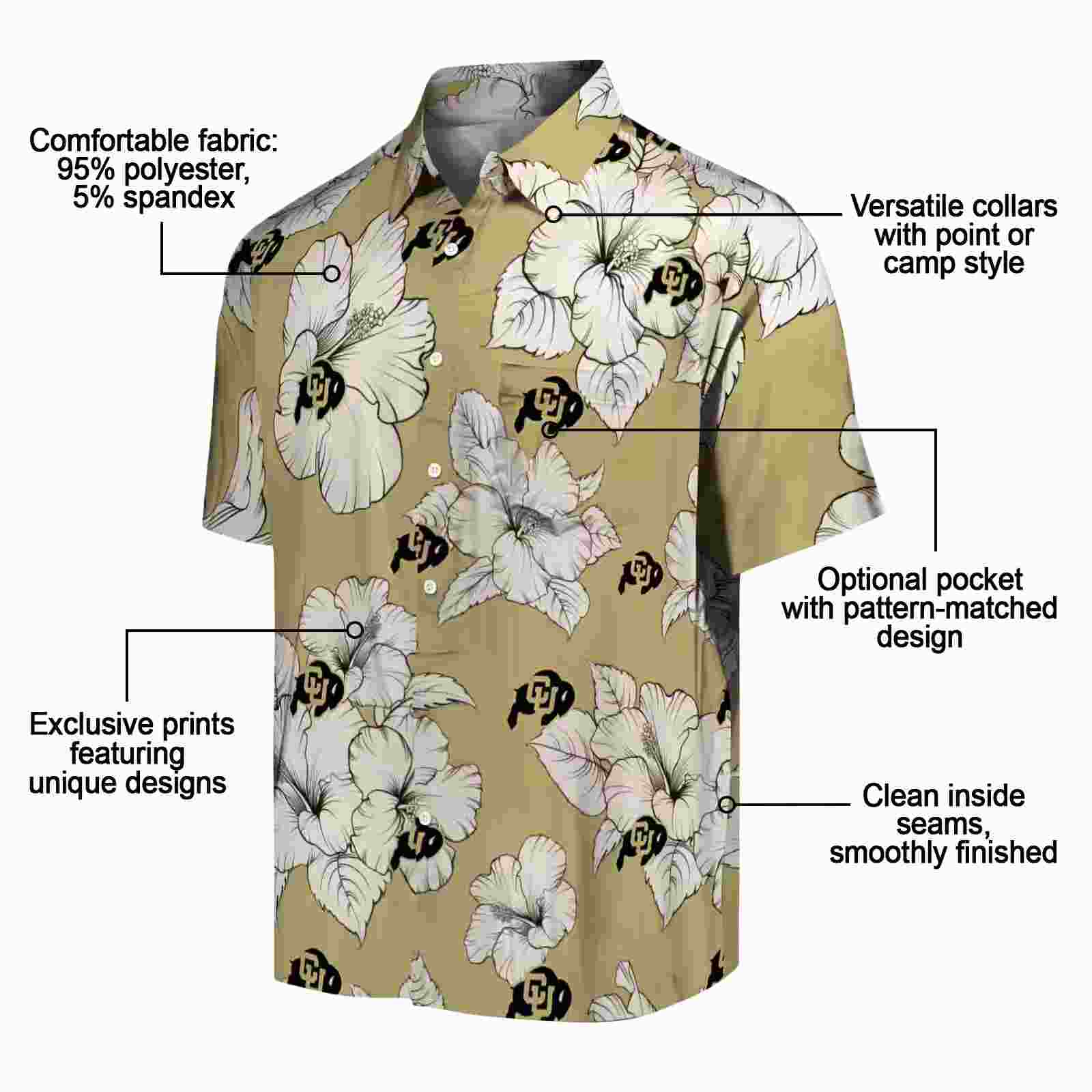 colorado buffaloes hibiscus blooms gold white hawaiian shirt new arrival