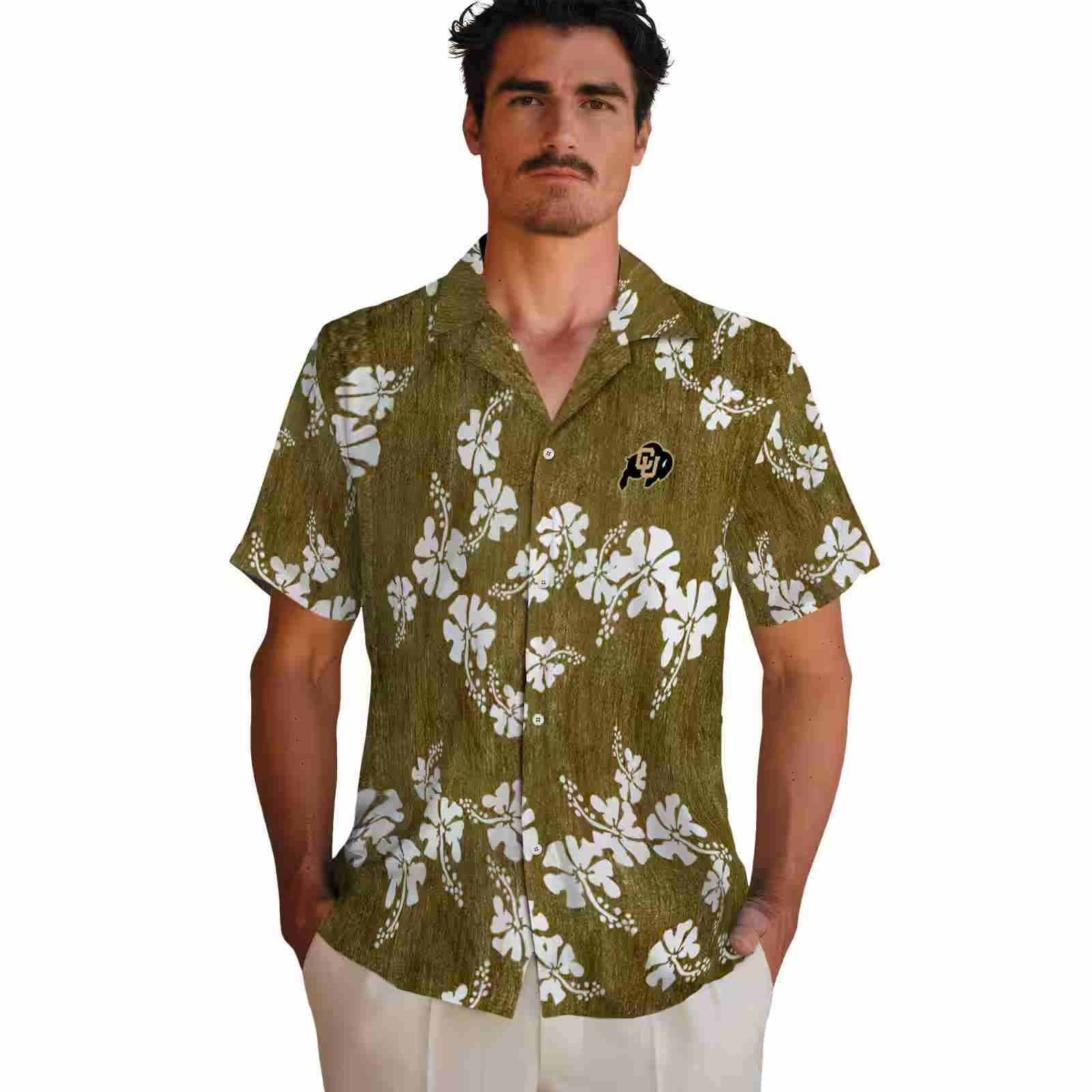 colorado buffaloes hibiscus clusters gold hawaiian shirt fashion forward