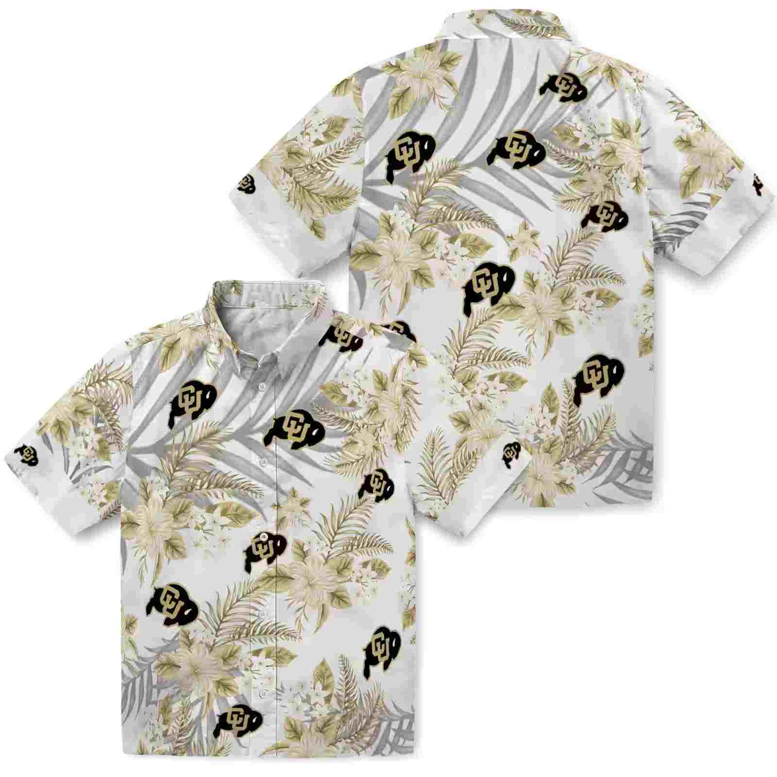 colorado buffaloes hibiscus palm leaves gold white hawaiian shirt high quality