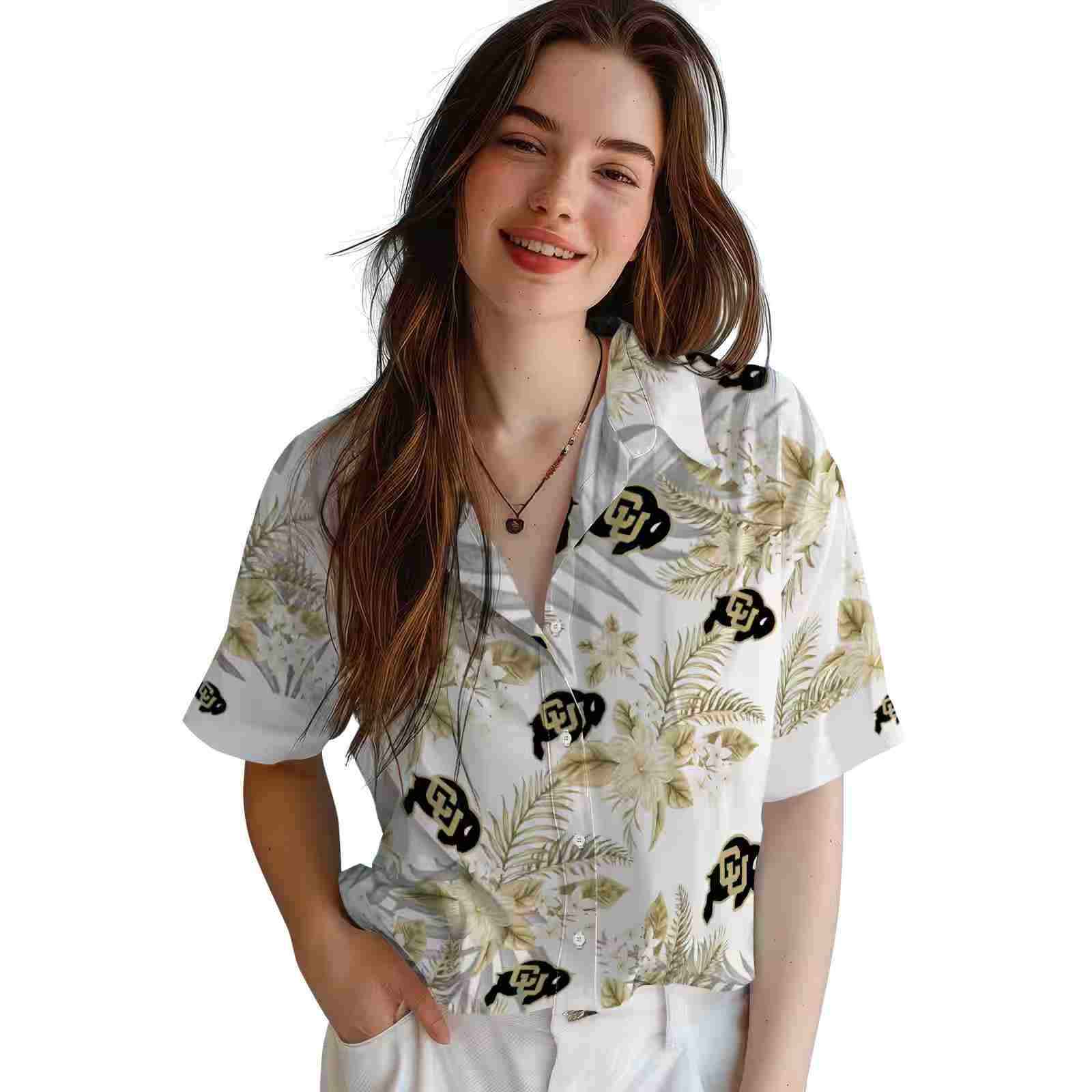 colorado buffaloes hibiscus palm leaves gold white hawaiian shirt latest model