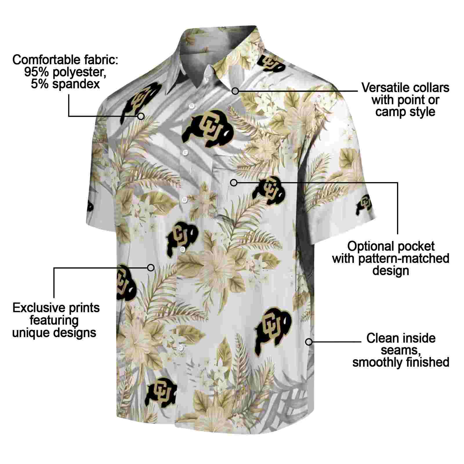 colorado buffaloes hibiscus palm leaves gold white hawaiian shirt new arrival