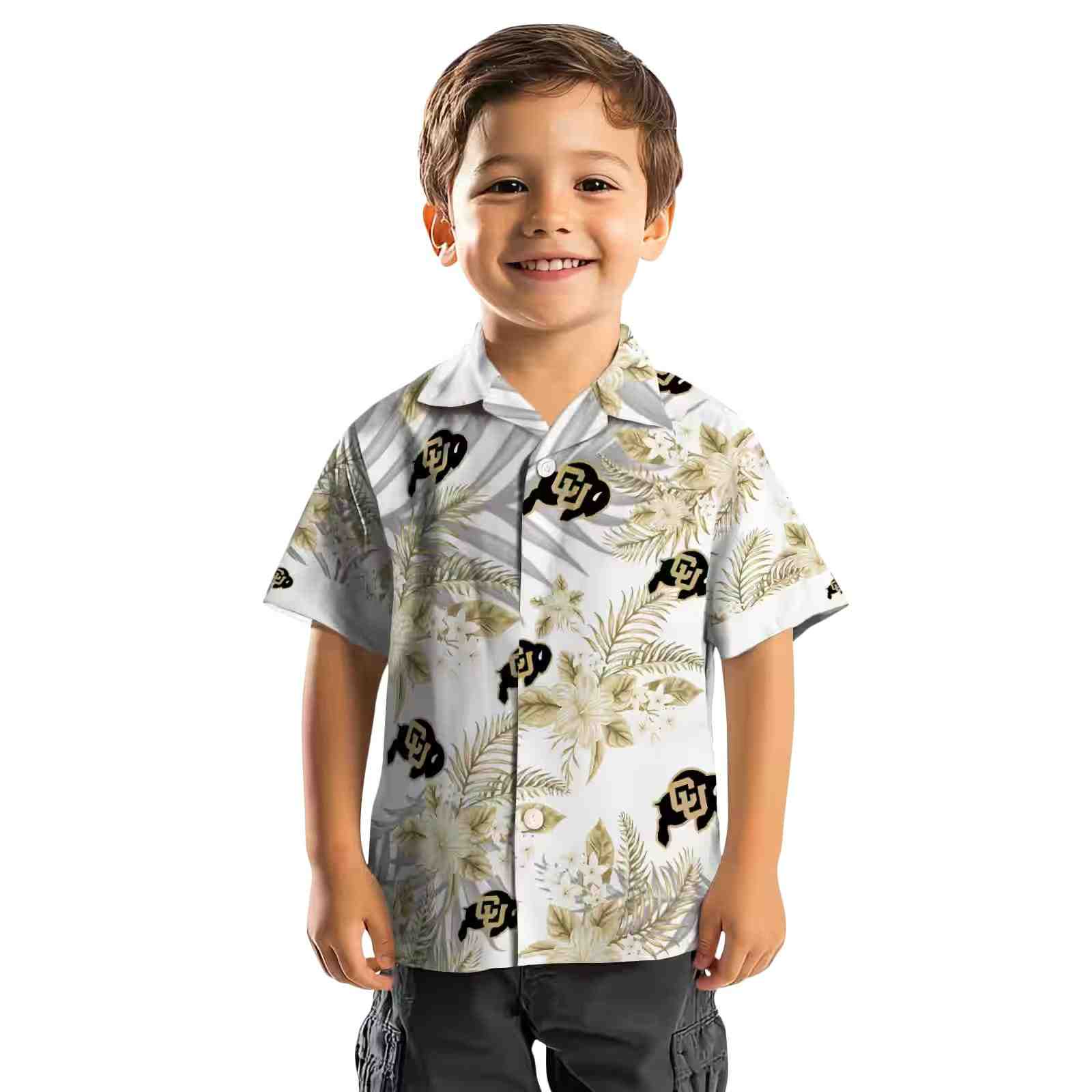 colorado buffaloes hibiscus palm leaves gold white hawaiian shirt top rated